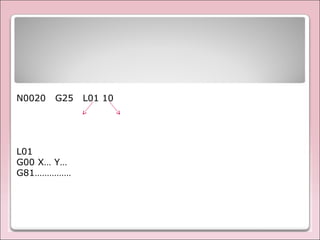 N0020 G25 L01 10
L01
G00 X… Y…
G81……………
 
