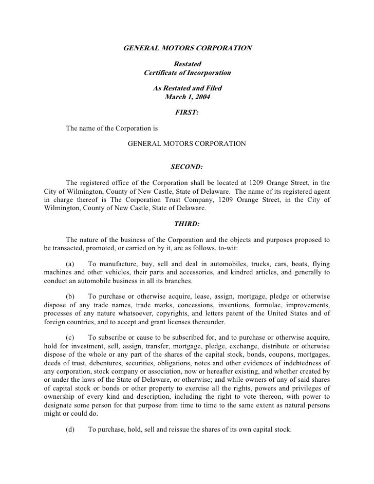 GM Corporate Governance Certificate of Incorporation