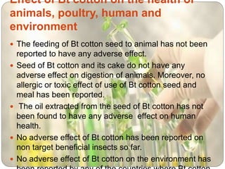 Effect of Bt cotton on the health of
animals, poultry, human and
environment
 The feeding of Bt cotton seed to animal has not been
reported to have any adverse effect.
 Seed of Bt cotton and its cake do not have any
adverse effect on digestion of animals. Moreover, no
allergic or toxic effect of use of Bt cotton seed and
meal has been reported.
 The oil extracted from the seed of Bt cotton has not
been found to have any adverse effect on human
health.
 No adverse effect of Bt cotton has been reported on
non target beneficial insects so far.
 No adverse effect of Bt cotton on the environment has
 