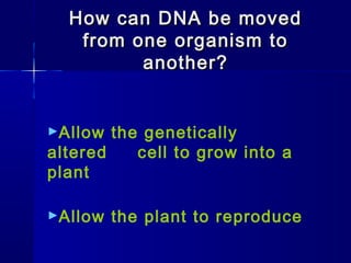 How can DNA be movedHow can DNA be moved
from one organism tofrom one organism to
another?another?
►Allow the genetically
altered cell to grow into a
plant
►Allow the plant to reproduce
 