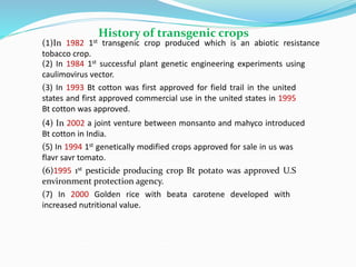 History of transgenic crops
(1)In 1982 1st transgenic crop produced which is an abiotic resistance
tobacco crop.
(2) In 1984 1st successful plant genetic engineering experiments using
caulimovirus vector.
(3) In 1993 Bt cotton was first approved for field trail in the united
states and first approved commercial use in the united states in 1995
Bt cotton was approved.
(5) In 1994 1st genetically modified crops approved for sale in us was
flavr savr tomato.
(6)1995 1st pesticide producing crop Bt potato was approved U.S
environment protection agency.
(4) In 2002 a joint venture between monsanto and mahyco introduced
Bt cotton in India.
(7) In 2000 Golden rice with beata carotene developed with
increased nutritional value.
 