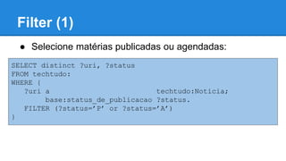 Filter (1)
SELECT distinct ?uri, ?status
FROM tech:
WHERE {
?uri a tech:Noticia;
base:status_de_publicacao ?status.
FILTER (?status=’P’ or ?status=’A’)
}
● Selecione matérias publicadas ou agendadas:
 