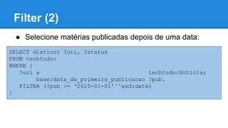 Filter (2)
SELECT distinct ?uri, ?status
FROM tech:
WHERE {
?uri a tech:Noticia;
base:data_da_primeira_publicacao ?pub.
FILTER (?pub >= ‘2015-01-01’ˆˆxsd:date)
}
● Selecione matérias publicadas depois de uma data:
 