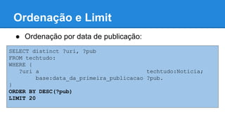 Ordenação e Limit
SELECT distinct ?uri, ?pub
FROM tech:
WHERE {
?uri a tech:Noticia;
base:data_da_primeira_publicacao ?pub.
}
ORDER BY DESC(?pub)
LIMIT 20
● Ordenação por data de publicação:
 