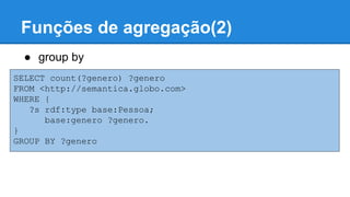 Funções de agregação(2)
SELECT count(?genero) ?genero
FROM <http://example.com>
WHERE {
?s rdf:type base:Pessoa;
base:genero ?genero.
}
GROUP BY ?genero
● group by
 