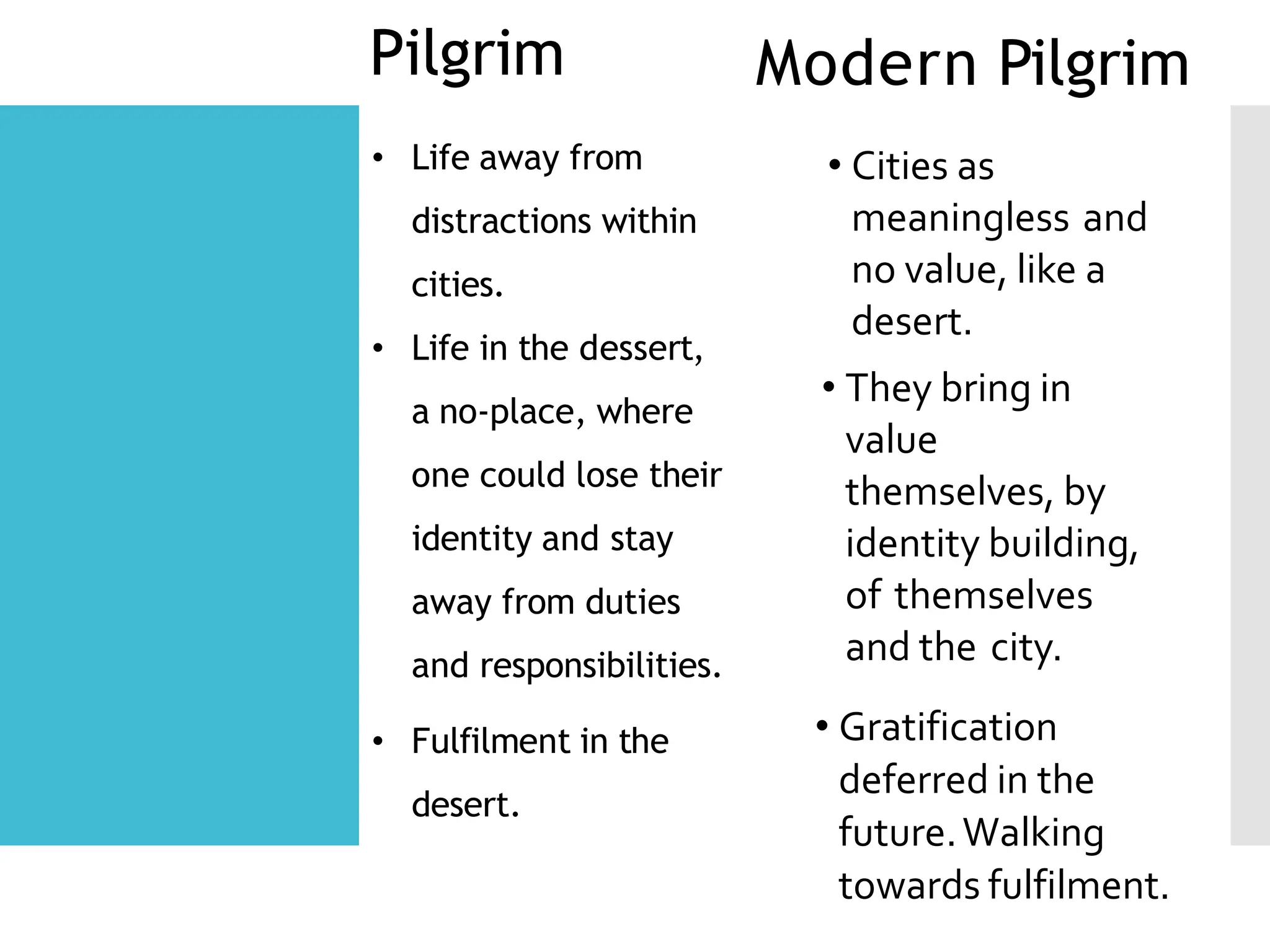 Modern Pilgrim
Pilgrim
• Cities as
meaningless and
no value, like a
desert.
• They bring in
value
themselves, by
identity building,
of themselves
and the city.
• Gratification
deferred in the
future.Walking
towards fulfilment.
• Life away from
distractions within
cities.
• Life in the dessert,
a no-place, where
one could lose their
identity and stay
away from duties
and responsibilities.
• Fulfilment in the
desert.
 