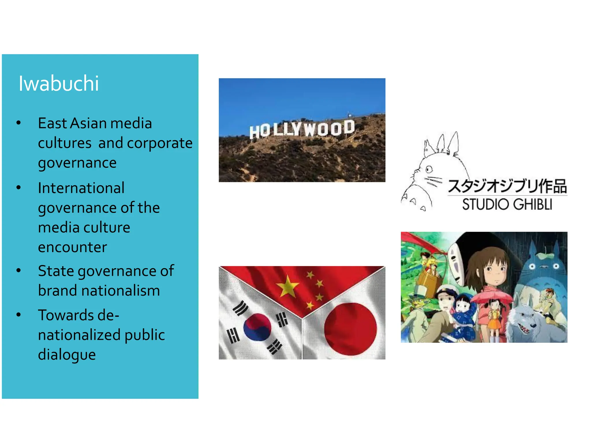 Iwabuchi
• EastAsian media
cultures and corporate
governance
• International
governance of the
media culture
encounter
• State governance of
brand nationalism
• Towards de-
nationalized public
dialogue
 