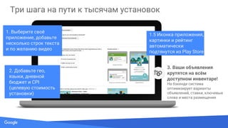 Source: Lorem ipsum dolor sit amet, consectetur adipiscing elit. Duis non erat sem
Три шага на пути к тысячам установок
3. Ваши объявления
крутятся на всём
доступном инвентаре!
На бэкенде система
оптимизирует варианты
объявлений, ставки, ключевые
слова и места размещения
1.5 Иконка приложения,
картинки и рейтинг
автоматически
подтянутся из Play Store
2. Добавьте гео,
языки, дневной
бюджет и CPI
(целевую стоимость
установки)
1. Выберите своё
приложение, добавьте
несколько строк текста
и по желанию видео
 