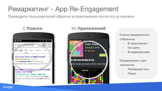 Source: Lorem ipsum dolor sit amet, consectetur adipiscing elit. Duis non erat sem
Ремаркетинг - App Re-Engagement
Приводите пользователей обратно в приложение после его установки
С Поиска Из Приложений
Списки ремаркетинга,
собранные:
- В приложении
- На сайте
- В видеорекламе
Продвижение с дип
линкингом:
- Рекламная сеть
- Поиск
 