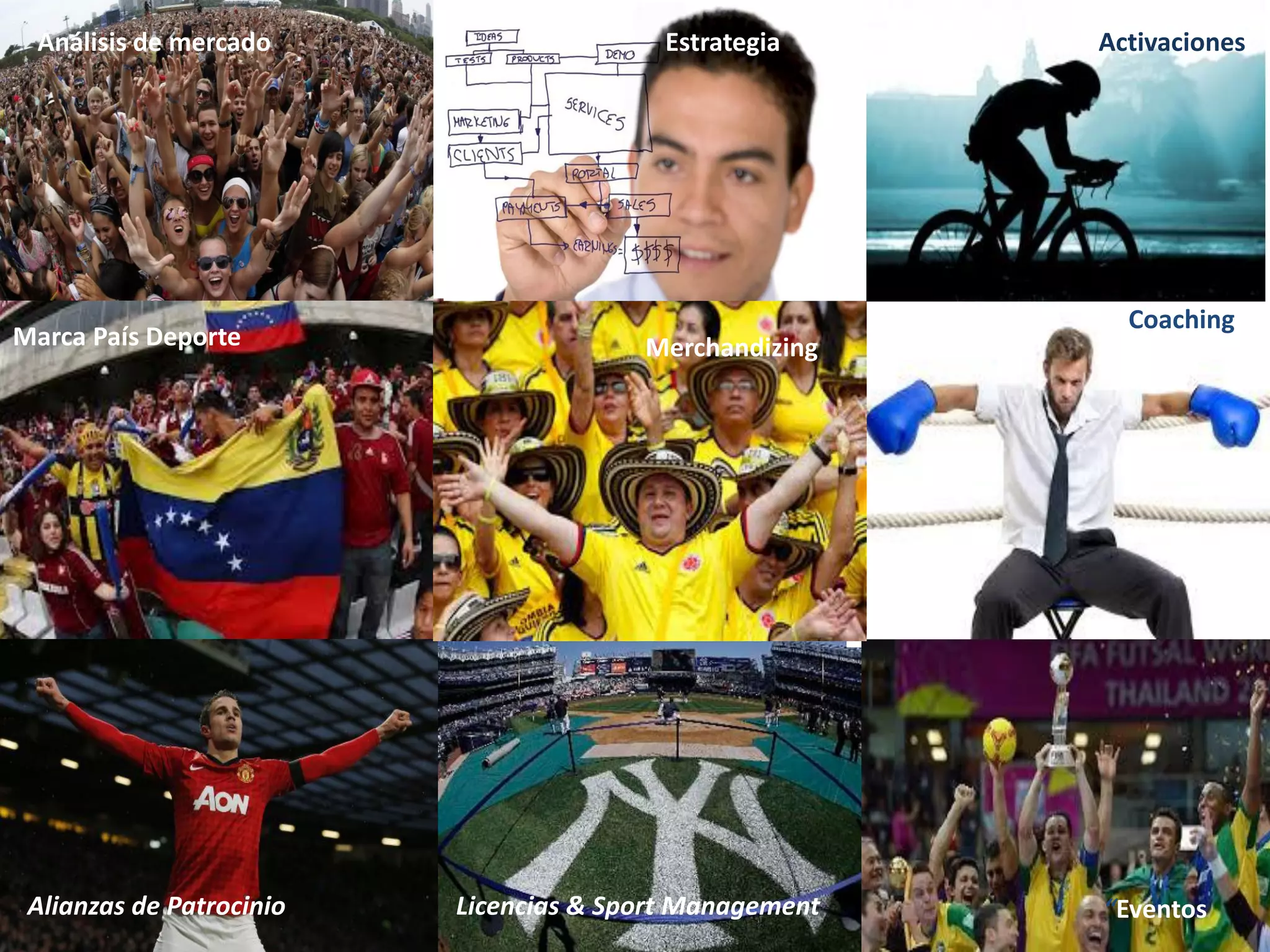 “Conoce a tu enemigo. Aprende sobre su deporte favorito.” Nelson Mandela
Marca País Deporte
Alianzas de Patrocinio “Eventos
“Formación Coaching
Licencias & Sport Management
EstrategiaAnálisis de mercado Activaciones
Merchandizing
 