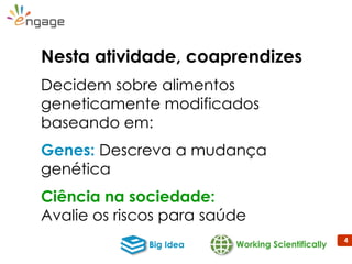 4
Nesta atividade, coaprendizes
Decidem sobre alimentos
geneticamente modificados
baseando em:
Genes: Descreva a mudança
genética
Ciência na sociedade:
Avalie os riscos para saúde
Working ScientificallyBig Idea
 