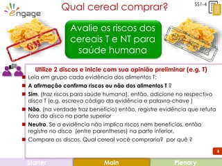 6
Qual cereal comprar?
 Leia em grupo cada evidência dos alimentos T:
 A afirmação confirma riscos ou não dos alimentos T ?
 Sim, (traz riscos para saúde humana), então, adicione no respectivo
disco T (e.g. escreva código da evidência e palavra-chave )
 Não, (na verdade traz benefício) então, registre evidência que refuta
fora do disco na parte superior
 Neutro. Se a evidência não implica riscos nem benefícios, então
registre no disco (entre parentheses) na parte inferior.
 Compare os discos. Qual cereal você compraria? por quê ?
Starter PlenaryMain
SS1-4
Avalie os riscos dos
cereais T e NT para
saúde humana
Utilize 2 discos e inicie com sua opinião preliminar (e.g. T)
 