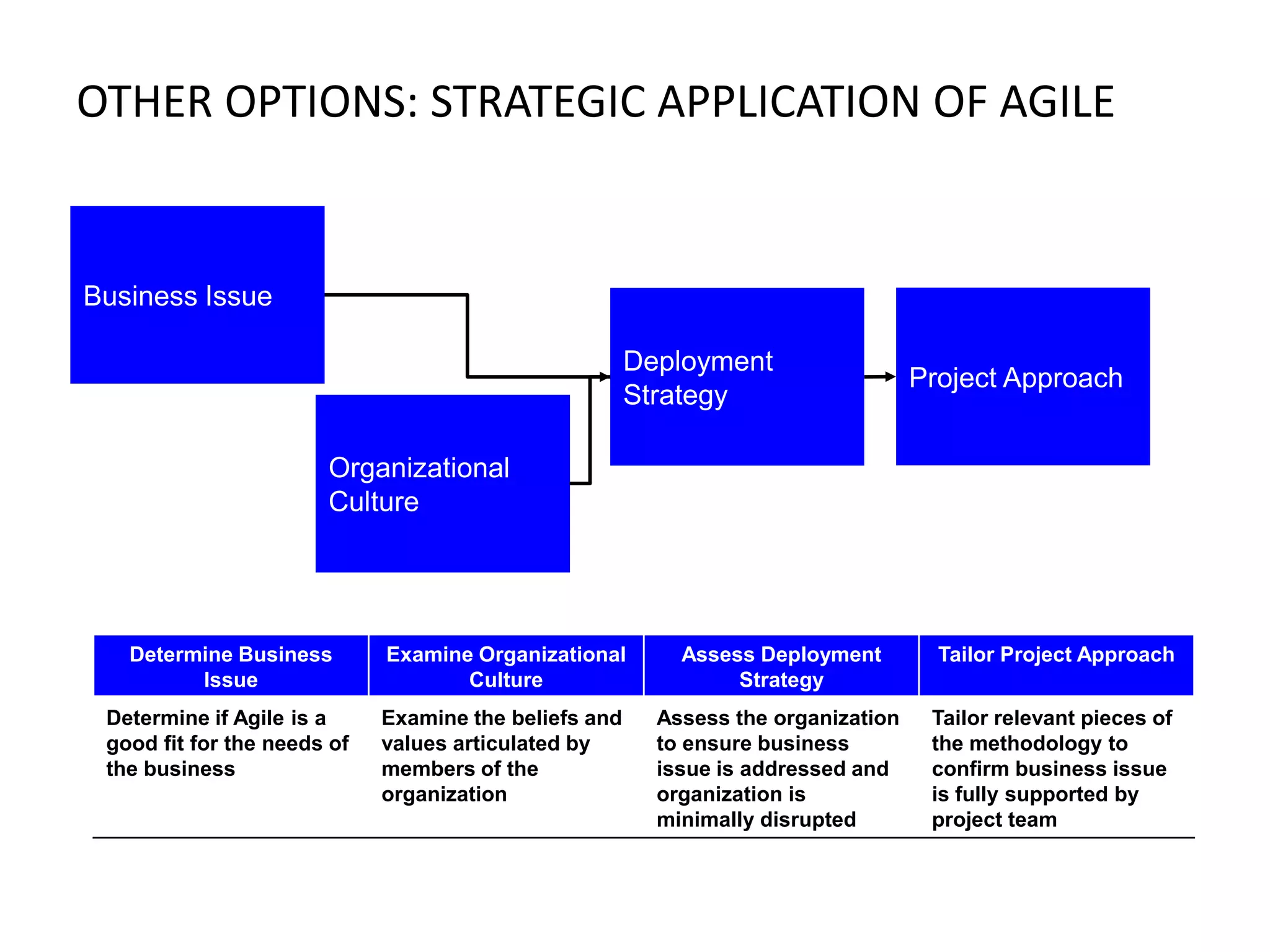 OTHER OPTIONS: STRATEGIC APPLICATION OF AGILE

Business Issue
Deployment
Strategy

Project Approach

Organizational
Culture

Determine Business
Issue

Examine Organizational
Culture

Assess Deployment
Strategy

Tailor Project Approach

Determine if Agile is a
good fit for the needs of
the business

Examine the beliefs and
values articulated by
members of the
organization

Assess the organization
to ensure business
issue is addressed and
organization is
minimally disrupted

Tailor relevant pieces of
the methodology to
confirm business issue
is fully supported by
project team

 