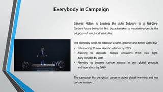 General Motors is Leading the Auto Industry to a Net-Zero-
Carbon Future being the first big automaker to massively promote the
adoption of electrical Vehicules.
The company seeks to establish a safer, greener and better world by:
• Introducing 30 new electric vehicles by 2025
• Aspiring to eliminate tailpipe emissions from new light-
duty vehicles by 2035
• Planning to become carbon neutral in our global products
and operations by 2040
The campaign fits the global concerns about global warming and less
carbon emission.
Everybody In Campaign
 