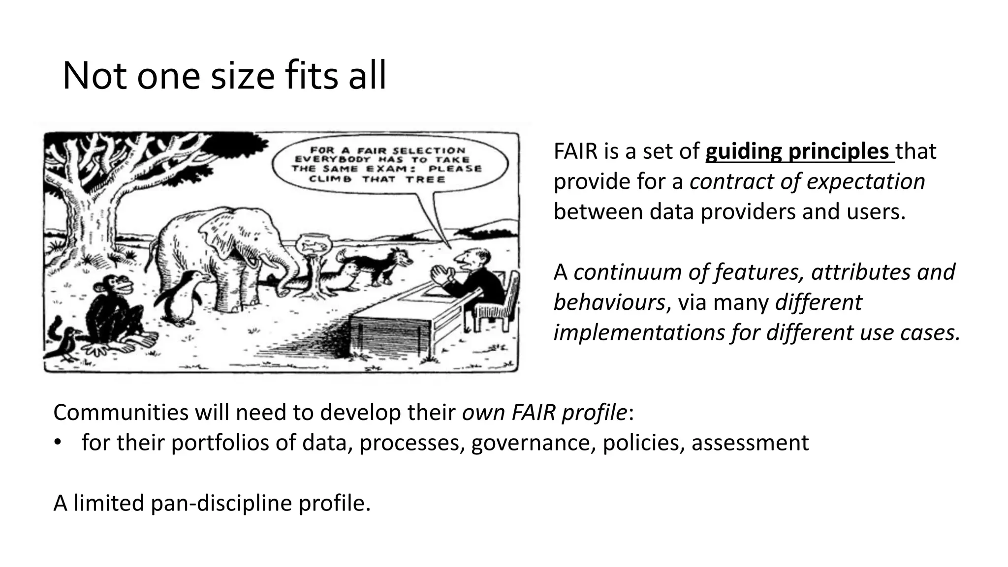 Not one size fits all
FAIR is a set of guiding principles that
provide for a contract of expectation
between data providers and users.
A continuum of features, attributes and
behaviours, via many different
implementations for different use cases.
Communities will need to develop their own FAIR profile:
• for their portfolios of data, processes, governance, policies, assessment
A limited pan-discipline profile.
 