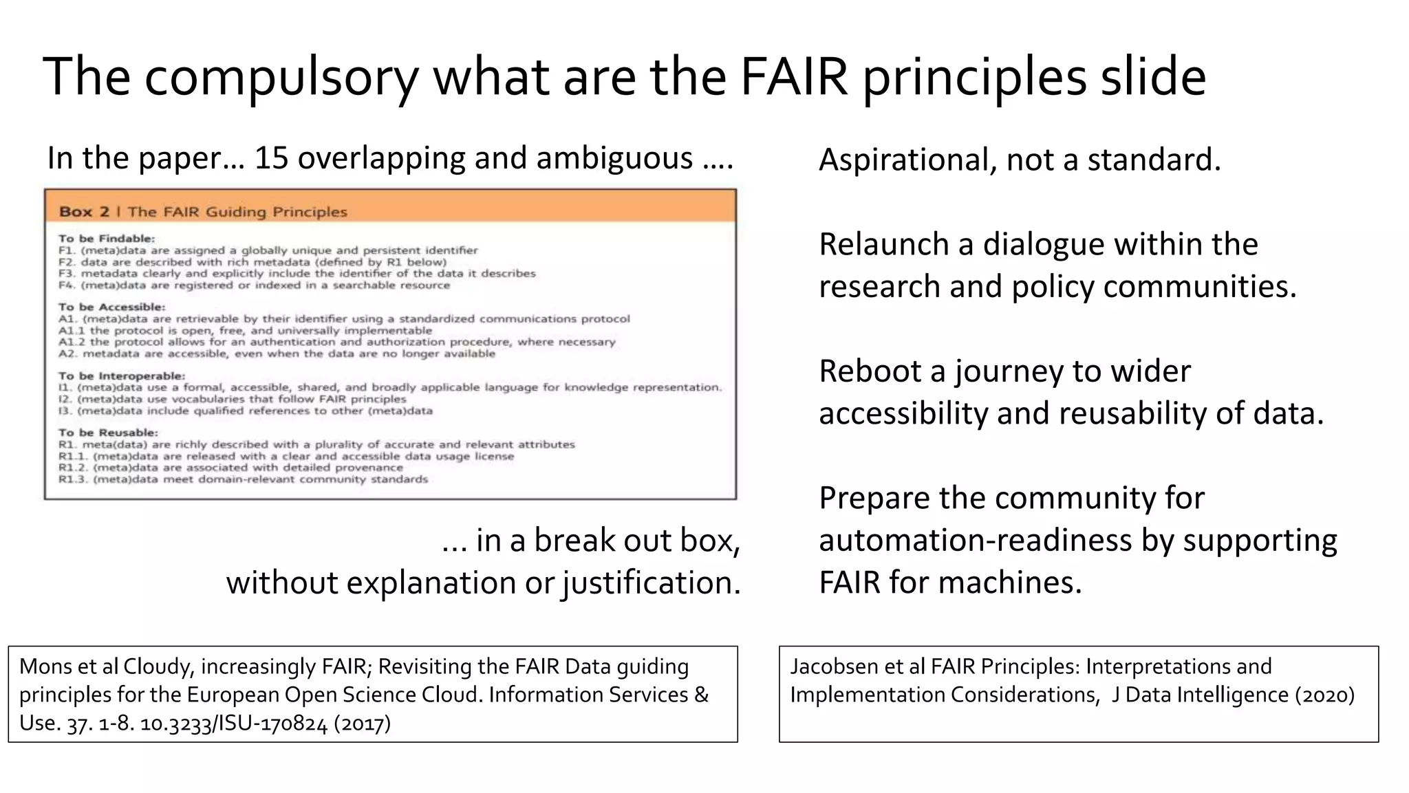 The compulsory what are the FAIR principles slide
… in a break out box,
without explanation or justification.
Aspirational, not a standard.
Relaunch a dialogue within the
research and policy communities.
Reboot a journey to wider
accessibility and reusability of data.
Prepare the community for
automation-readiness by supporting
FAIR for machines.
In the paper… 15 overlapping and ambiguous ….
Jacobsen et al FAIR Principles: Interpretations and
Implementation Considerations, J Data Intelligence (2020)
Mons et al Cloudy, increasingly FAIR; Revisiting the FAIR Data guiding
principles for the European Open Science Cloud. Information Services &
Use. 37. 1-8. 10.3233/ISU-170824 (2017)
 