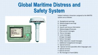 Global Maritime Distress and
Safety System
Subject indicator characters assigned to the NAVTEX
system are as follows:
A - Navigational warnings
B - Meteorological warnings
C - Ice reports
D - Search and rescue information
E - Meteorological forecasts
F - Pilot service messages
G - Decca messages
H - Loran messages
I - Omega messages
J - Satnav messages
K - Other electronic navaid messages
L - Additional navigational messages
V - Special services
W - Special services (possible other languages use)
X - Special services
Y- Special services
Z - No message on hand (QRU)
 