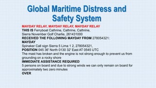 Global Maritime Distress and
Safety System
MAYDAY RELAY, MAYDAY RELAY, MAYDAY RELAY
THIS IS Ferryboat Cathrine, Cathrine, Cathrine,
Sierra November Golf Charlie, 261431000
RECEIVED THE FOLLOWING MAYDAY FROM 278054321:
MAYDAY
Spinaker Call sign Sierra 5 Lima 1 2, 278054321,
POSITION 045 36' North 0130 32' East AT 0545 UTC
The mast has broken and the engine is not strong enough to prevent us from
grounding on a rocky shore
IMMEDIATE ASSISTANCE REQUIRED
5 persons on board and due to strong winds we can only remain on board for
approximately two zero minutes
OVER
 