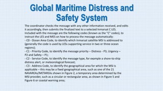 Global Maritime Distress and
Safety System
The coordinator checks the message with any other information received, and edits
it accordingly, then submits the finalized text to a selected Inmarsat C LES.
Included with the message are the following codes (known as the "C" codes), to
instruct the LES and MES on how to process the message automatically:
- C0 - Ocean Area Code, to identify which Inmarsat satellite MSI is addressed to
(generally the code is used by LESs supporting service in two or three ocean
regions);
- C1 - Priority Code, to identify the message priority – Distress - P3, Urgency –
P2 and Safety – P1;
- C2 - Service Code, to identify the message type, for example a shore-to-ship
distress alert, or meteorological forecast;
- C3 - Address Code, to identify the geographical area for which the MSI is
applicable – this may be a fixed geographical area, such as one of the 21
NAVAREAs/METAREAs shown in Figure 2, a temporary area determined by the
MSI provider, such as a circular or rectangular area, as shown in Figure 5 and
Figure 6 or coastal warning area;
 