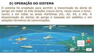 D) OPERAÇÃO DO SISTEMA O sistema foi projetado para permitir a transmissão de alerta de perigo em todas as três direções (navio–terra, navio–navio e terra–navio) e em todas as áreas marítimas (A1, A2, A3, e A4). A disseminação de alertas de perigo é baseada em satélites e em estações terrestres de comunicações. 