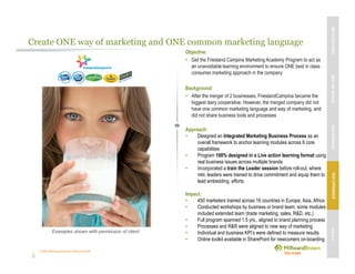 Unleashing purpose-led growth
Create ONE way of marketing and ONE common marketing language
Objective:
• Get the Friesland Campina Marketing Academy Program to act as
an unavoidable learning environment to ensure ONE best in class
consumer marketing approach in the company
Background:
• After the merger of 2 businesses, FrieslandCampina became the
biggest dairy cooperative. However, the merged company did not
have one common marketing language and way of marketing, and
did not share business tools and processes
Approach:
• Designed an Integrated Marketing Business Process as an
overall framework to anchor learning modules across 6 core
capabilities
• Program 100% designed in a Live action learning format using
real business issues across multiple brands
• Incorporated a train the Leader session before roll-out, where
mkt. leaders were trained to drive commitment and equip them to
lead embedding efforts
Impact:
• 450 marketers trained across 16 countries in Europe, Asia, Africa
• Conducted workshops by business or brand team; some modules
included extended team (trade marketing, sales, R&D, etc.)
• Full program spanned 1.5 yrs., aligned to brand planning process
• Processes and R&R were aligned to new way of marketing
• Individual and business KPI’s were defined to measure results
• Online toolkit available in SharePoint for newcomers on-boarding
Examples shown with permission of client
MBVEXCELLENCEWHATWEDELIVEROURAPPROACHOUREXPERIENCEOURIP’s
 