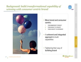 Unleashing purpose-led growth
Background: build transformational capability of
winning with consumer centric brand
• More brand and consumer
centric:
1. FROM IMMERSION TO INSIGHT
2. FROM INSIGHT TO CONCEPT
3. FROM CONCEPT TO EXPERIENCE
• A coherent and integrated
approach to build
capabilities
• Tightening their way of
building brand
MBVEXCELLENCEWHATWEDELIVEROURAPPROACHOUREXPERIENCEOURIP’s
38
 