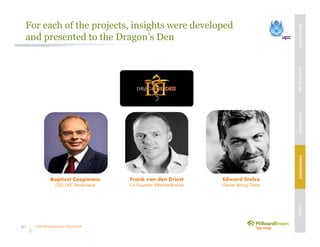 Unleashing purpose-led growth
For each of the projects, insights were developed
and presented to the Dragon’s Den
Baptiest Coopmans
CEO UPC Nederland
Frank van den Driest
Co-Founder EffectiveBrands
Edward Stolze
Owner Being There
MBVEXCELLENCEWHATWEDELIVEROURAPPROACHOUREXPERIENCEOURIP’s
50
 
