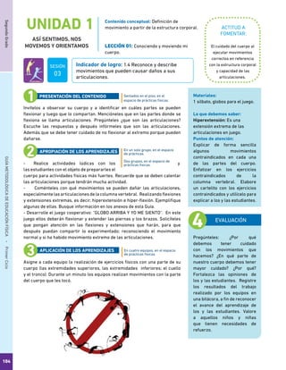 104
SegundoGradoGUÍAMETODOLÓGICADEEDUCACIÓNFÍSICA - PrimerCiclo
UNIDAD 1
ASÍ SENTIMOS, NOS
MOVEMOS Y ORIENTAMOS
ACTITUD A
FOMENTAR:
Indicador de logro: 1.4 Reconoce y describe
movimientos que pueden causar daños a sus
articulaciones.
Contenido conceptual: Definición de
movimiento a partir de la estructura corporal.
LECCIÓN 01: Conociendo y moviendo mi
cuerpo.
El cuidado del cuerpo al
ejecutar movimientos
correctos en referencia
con la estructura corporal
y capacidad de las
articulaciones.
Invítelos a observar su cuerpo y a identificar en cuáles partes se pueden
flexionar y luego que lo compartan. Mencióneles que en las partes donde se
flexiona se llama articulaciones. Pregúnteles ¿que son las articulaciones?
Escuche las respuestas y después infórmeles que son las articulaciones.
Además que se debe tener cuidado de no flexionar al extremo porque pueden
dañarse.
- Realice actividades lúdicas con los y
las estudiantes con el objeto de prepararles el
cuerpo para actividades físicas más fuertes. Recuerde que se deben calentar
las articulaciones porque tendrán mucha actividad.
- Coménteles con qué movimientos se pueden dañar las articulaciones,
especialmente las articulaciones de la columna vertebral. Realizando flexiones
y extensiones extremas, es decir, hiperextensión e híper-flexión. Ejemplifique
algunas de ellas. Busque información en los anexos de esta Guía.
- Desarrolle el juego cooperativo: “GLOBO ARRIBA Y YO ME SIENTO”. En este
juego ellos deberán flexionar y extender las piernas y los brazos. Solicíteles
que pongan atención en las flexiones y extensiones que harán, para que
después puedan compartir lo experimentado; reconociendo el movimiento
normal y si ha habido movimiento extremo de las articulaciones.
Asigne a cada equipo la realización de ejercicios físicos con una parte de su
cuerpo (las extremidades superiores, las extremidades inferiores; el cuello
y el tronco). Durante un minuto los equipos realizan movimientos con la parte
del cuerpo que les tocó.
Sentados en el piso, en el
espacio de prácticas físicas.
En un solo grupo, en el espacio
de prácticas.
Dos grupos, en el espacio de
prácticas físicas.
En cuatro equipos, en el espacio
de prácticas físicas.
PRESENTACIÓN DEL CONTENIDO
APROPIACIÓN DE LOS APRENDIZAJES
APLICACIÓN DE LOS APRENDIZAJES
EVALUACIÓN
Pregúnteles: ¿Por qué
debemos tener cuidado
con los movimientos que
hacemos? ¿En qué parte de
nuestro cuerpo debemos tener
mayor cuidado? ¿Por qué?
Fortalezca las opiniones de
los y las estudiantes. Registre
los resultados del trabajo
realizado por los equipos en
una bitácora, a fin de reconocer
el avance del aprendizaje de
los y las estudiantes. Valore
a aquellos niños y niñas
que tienen necesidades de
refuerzo.
Materiales:
1 silbato, globos para el juego.
Lo que debemos saber:
Hiperextensión: Es una
extensión extrema de las
articulaciones en juego.
Puntos de atención:
Explicar de forma sencilla
algunos movimientos
contraindicados en cada una
de las partes del cuerpo.
Enfatizar en los ejercicios
contraindicados de la
columna vertebral. Elabore
un cartelito con los ejercicios
contraindicados y utilícelo para
explicar a los y las estudiantes.
SESIÓN
03
 
