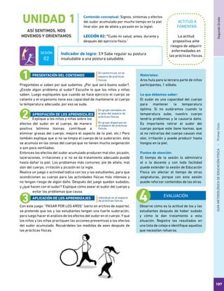 SegundoGradoGUÍAMETODOLÓGICADEEDUCACIÓNFÍSICA - PrimerCiclo
107
UNIDAD 1
ASÍ SENTIMOS, NOS
MOVEMOS Y ORIENTAMOS
ACTITUD A
FOMENTAR:
Indicador de logro: 3.9 Sabe regular su postura
insaludable a una postura saludable.
Contenido conceptual: Signos, síntomas y efectos
del sudor acumulado por mucho tiempo en la piel
(mal olor, pie de atleta y picazón en la ingle).
LECCIÓN 02: “Cuido mi salud, antes, durante y
después del ejercicio físico.”
La actitud
propositiva ante
riesgos de adquirir
enfermedades en
las prácticas físicas.
Pregúnteles si saben por qué sudamos. ¿Por qué será bueno sudar?,
¿Existe algún problema al sudar? Escuche lo que los niños y niñas
saben. Luego explíqueles que cuando se hace ejercicio el cuerpo se
calienta y el organismo tiene esa capacidad de mantenerle al cuerpo
la temperatura adecuada, por eso se suda.
Explique a los niños y niñas sobre los
efectos del sudor en el cuerpo, de manera
positiva (elimina toxinas, contribuye a
eliminar grasas del cuerpo, mejora el aspecto de la piel, etc.) Pero
también explique que si no se limpia el cuerpo de la sudoración, ésta
se acumula en las zonas del cuerpo que no tienen mucha oxigenación
o son poco ventiladas.
Entonces los efectos del sudor acumulado producen mal olor, picazón,
laceraciones, irritaciones y si no se da tratamiento adecuado puede
hasta dañar la piel. Los problemas más comunes: pie de atleta, mal
olor del cuerpo, irritación y picazón en la ingle.
Realice un juego o actividad lúdica con los y las estudiantes, para que
acondicionen su cuerpo para las actividades físicas más intensas y
no tengan riesgo de algún daño. Después del juego quedan sudados,
y ¿qué hacen con el sudor? Explique cómo asear el sudor del cuerpo y
evitar los problemas que causa.
Con este juego: “PASAR POR LOS AROS” (verlo en archivo de soporte),
se pretende que los y las estudiantes tengan una fuerte sudoración,
para luego hacer el análisis de los efectos del sudor en el cuerpo. Y que
los niños y las niñas practiquen las acciones preventivas a los efectos
del sudor acumulado. Recuérdeles las medidas de aseo después de
las prácticas físicas.
En semicírculo, en el
espacio de prácticas
físicas.
En grupo sentados en
el piso del espacio de
prácticas físicas.
En grupo dispersos en
el espacio de prácticas
físicas.
Individual en el espacio
de prácticas físicas.
PRESENTACIÓN DEL CONTENIDO
APROPIACIÓN DE LOS APRENDIZAJES
APLICACIÓN DE LOS APRENDIZAJES
EVALUACIÓN
Observe cómo es la actitud de los y las
estudiantes después de haber sudado
y cómo le dan tratamiento a esta
situación. Registre los resultados en
una lista de cotejo e identifique aquellos
que necesitan refuerzo.
Materiales:
Aros hula para la tercera parte de niños
participantes, 1 silbato.
Lo que debemos saber:
El sudar es una capacidad del cuerpo
para mantener la temperatura
óptima. Si no sudáramos cuando la
temperatura sube, nuestro cuerpo
tendría problemas y le causaría daño.
Es importante retirar el sudor del
cuerpo porque este tiene toxinas, que
al no retirarlas del cuerpo causan mal
olor, irritación y puede producir hasta
hongos en la piel.
Puntos de atención:
El tiempo de la sesión lo administra
el o la docente y con toda facilidad
puede extender la sesión de Educación
Física sin afectar el tiempo de otras
asignaturas, porque con esta sesión
puede reforzar contenidos de las otras.
SESIÓN
02
 