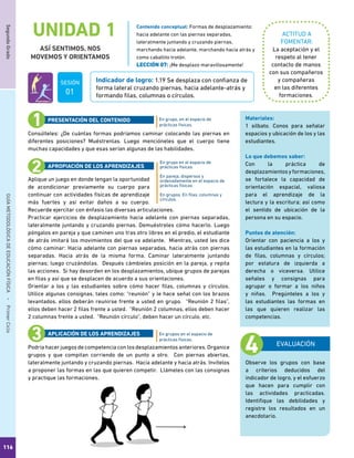 116
SegundoGradoGUÍAMETODOLÓGICADEEDUCACIÓNFÍSICA - PrimerCiclo
UNIDAD 1
ASÍ SENTIMOS, NOS
MOVEMOS Y ORIENTAMOS
ACTITUD A
FOMENTAR:
Indicador de logro: 1.19 Se desplaza con confianza de
forma lateral cruzando piernas, hacia adelante-atrás y
formando filas, columnas o círculos.
Contenido conceptual: Formas de desplazamiento:
hacia adelante con las piernas separadas,
lateralmente juntando y cruzando piernas,
marchando hacia adelante, marchando hacia atrás y
como caballito trotón.
LECCIÓN 07: ¡Me desplazo maravillosamente!
La aceptación y el
respeto al tener
contacto de manos
con sus compañeros
y compañeras
en las diferentes
formaciones.
Consúlteles: ¿De cuántas formas podríamos caminar colocando las piernas en
diferentes posiciones? Muéstrenlas. Luego mencióneles que el cuerpo tiene
muchas capacidades y que esas serían algunas de las habilidades.
Aplique un juego en donde tengan la oportunidad
de acondicionar previamente su cuerpo para
continuar con actividades físicas de aprendizaje
más fuertes y así evitar daños a su cuerpo.
Recuerde ejercitar con énfasis las diversas articulaciones.
Practicar ejercicios de desplazamiento hacia adelante con piernas separadas,
lateralmente juntando y cruzando piernas. Demuéstreles cómo hacerlo. Luego
póngalos en pareja y que caminen uno tras otro libres en el predio, el estudiante
de atrás imitará los movimientos del que va adelante. Mientras, usted les dice
cómo caminar: Hacia adelante con piernas separadas, hacia atrás con piernas
separadas. Hacia atrás de la misma forma. Caminar lateralmente juntando
piernas; luego cruzándolas. Después cámbieles posición en la pareja, y repita
las acciones. Si hay desorden en los desplazamientos, ubique grupos de parejas
en filas y así que se desplacen de acuerdo a sus orientaciones.
Orientar a los y las estudiantes sobre cómo hacer filas, columnas y círculos.
Utilice algunas consignas, tales como: “reunión” y le hace señal con los brazos
levantados, ellos deberán reunirse frente a usted en grupo. “Reunión 2 filas”,
ellos deben hacer 2 filas frente a usted. “Reunión 2 columnas, ellos deben hacer
2 columnas frente a usted. “Reunión círculo”, deben hacer un círculo, etc.
Podría hacer juegos de competencia con los desplazamientos anteriores. Organice
grupos y que compitan corriendo de un punto a otro. Con piernas abiertas,
lateralmente juntando y cruzando piernas. Hacia adelante y hacia atrás. Invítelos
a proponer las formas en las que quieren competir. Llámeles con las consignas
y practique las formaciones.
En grupo en el espacio de
prácticas físicas.
En pareja, dispersos y
ordenadamente en el espacio de
prácticas físicas.
En grupos. En filas, columnas y
círculos.
En grupos en el espacio de
prácticas físicas.
PRESENTACIÓN DEL CONTENIDO
APROPIACIÓN DE LOS APRENDIZAJES
APLICACIÓN DE LOS APRENDIZAJES
EVALUACIÓN
Observe los grupos con base
a criterios deducidos del
indicador de logro, y el esfuerzo
que hacen para cumplir con
las actividades practicadas.
Identifique las debilidades y
registre los resultados en un
anecdotario.
Materiales:
1 silbato. Conos para señalar
espacios y ubicación de los y las
estudiantes.
Lo que debemos saber:
Con la práctica de
desplazamientosyformaciones,
se fortalece la capacidad de
orientación espacial, valiosa
para el aprendizaje de la
lectura y la escritura; así como
el sentido de ubicación de la
persona en su espacio.
Puntos de atención:
Orientar con paciencia a los y
las estudiantes en la formación
de filas, columnas y círculos;
por estatura de izquierda a
derecha o viceversa. Utilice
señales y consignas para
agrupar o formar a los niños
y niñas. Pregúnteles a los y
las estudiantes las formas en
las que quieren realizar las
competencias.
En grupo, en el espacio de
prácticas físicas.
SESIÓN
01
 