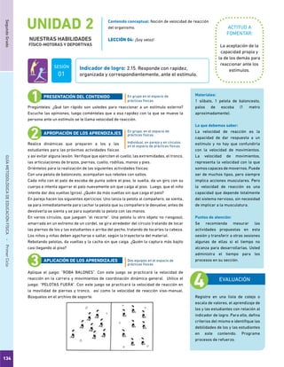 134
SegundoGradoGUÍAMETODOLÓGICADEEDUCACIÓNFÍSICA - PrimerCiclo
UNIDAD 2
NUESTRAS HABILIDADES
FÍSICO-MOTORAS Y DEPORTIVAS
ACTITUD A
FOMENTAR:
Indicador de logro: 2.15. Responde con rapidez,
organizada y correspondientemente, ante el estímulo.
La aceptación de la
capacidad propia y
la de los demás para
reaccionar ante los
estímulos.
Pregúnteles: ¿Qué tan rápido son ustedes para reaccionar a un estímulo externo?
Escuche las opiniones, luego coménteles que a esa rapidez con la que se mueve la
persona ante un estímulo se le llama velocidad de reacción.
Realice dinámicas que preparen a los y las
estudiantes para las próximas actividades físicas
y así evitar alguna lesión. Verifique que ejerciten el cuello, las extremidades, el tronco,
las articulaciones de brazos, piernas, cuello, rodillas, manos y pies.
Oriéntelos para la realización de las siguientes actividades físicas:
Con una pelota de baloncesto, acompañan sus rebotes con saltos.
Cada niño con el palo de escoba de punta sobre el piso, lo suelta, da un giro con su
cuerpo e intenta agarrar el palo nuevamente sin que caiga al piso. Luego, que el niño
intente dar dos vueltas (giros). ¿Quién da más vueltas sin que caiga el palo?
En pareja hacen los siguientes ejercicios: Uno lanza la pelota al compañero, se sienta,
se para inmediatamente para cachar la pelota que su compañero le devuelve; antes de
devolverla se sienta y se para sujetando la pelota con las manos.
En varios círculos, que jueguen “el recorte”. Una pelota (u otro objeto no riesgoso),
amarrada en un extremo de un cordel, se gira alrededor del círculo tratando de tocar
las piernas de los y las estudiantes o arriba del pecho, tratando de tocarles la cabeza.
Los niños y niñas deben agacharse o saltar, según la trayectoria del material.
Rebotando pelotas, da vueltas y la cacha sin que caiga. ¿Quién la captura más bajito
casi llegando al piso?
Aplique el juego: “ROBA BALONES”. Con este juego se practicará la velocidad de
reacción en la carrera y movimientos de coordinación dinámica general. Utilice el
juego: “PELOTAS FUERA”. Con este juego se practicará la velocidad de reacción en
la movilidad de piernas y tronco, así como la velocidad de reacción viso-manual.
Búsquelos en el archivo de soporte.
En grupo en el espacio de
prácticas físicas.
En grupo, en el espacio de
prácticas físicas.
Individual, en pareja y en círculos
en el espacio de prácticas físicas.
Dos equipos en el espacio de
prácticas físicas
PRESENTACIÓN DEL CONTENIDO
APROPIACIÓN DE LOS APRENDIZAJES
APLICACIÓN DE LOS APRENDIZAJES
EVALUACIÓN
Registre en una lista de cotejo o
escala de valores, el aprendizaje de
los y las estudiantes con relación al
indicador de logro. Para ello, defina
criterios del mismo e identifique las
debilidades de los y las estudiantes
en este contenido. Programe
procesos de refuerzo.
Materiales:
1 silbato, 1 pelota de baloncesto,
palos de escoba (1 metro
aproximadamente).
Lo que debemos saber:
La velocidad de reacción es la
capacidad de dar respuesta a un
estímulo y no hay que confundirla
con la velocidad de movimientos.
La velocidad de movimientos,
representa la velocidad con la que
somos capaces de movernos. Puede
ser de muchos tipos, pero siempre
implica acciones musculares. Pero
la velocidad de reacción es una
capacidad que depende totalmente
del sistema nervioso, sin necesidad
de implicar a la musculatura.
Puntos de atención:
Se recomienda mesurar las
actividades propuestas en esta
sesión y transferir a otras sesiones
algunas de ellas si el tiempo no
alcanza para desarrollarlas. Usted
administra el tiempo para los
procesos en su sección.
Contenido conceptual: Noción de velocidad de reacción
del organismo.
LECCIÓN 04: ¡Soy veloz!
SESIÓN
01
 