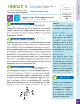 SegundoGradoGUÍAMETODOLÓGICADEEDUCACIÓNFÍSICA - PrimerCiclo
147
UNIDAD 3
NOS COMUNICAMOS CORPORALMENTE
Y PROTEGEMOS NUESTRO ORGANISMO
ACTITUD A
FOMENTAR:
Indicador de logro: 3.5 Participa activamente en el
establecimiento de normas en el juego.
Contenido conceptual: Reglas en el juego y su
función reguladora en la conducta.
LECCIÓN 02: “Juguemos limpio”.
El respeto por las
reglas y normas
acordadas en el
juego.
Preguntar: ¿Por qué debemos cumplir las reglas en los juegos? Escúcheles y luego
coménteles algunos beneficios de cumplirlas, por ejemplo: Todos y todas jugamos sin
reclamos, la diversión es plena, nadie se molesta con nadie, aprendemos a cumplir
las normas en situaciones de la vida. Solicíteles los juegos que traen a esta sesión,
de los que se les pidieron en la anterior. Que elijan los que desean jugar. Si no realice
los planteados en esta sesión.
Realice actividades lúdicas para preparar a los y las estudiantes para las actividades
físicas y evitar alguna lesión; que ejerciten cuello, tronco, articulaciones de brazos,
piernas, rodillas, manos y pies.
Jugar con los niños y niñas: EL LAGO CONTAMINADO. 1) En un área libre de obstáculos,
delimite un espacio en el suelo (el lago) cuya amplitud dependerá de la capacidad de
los niños y niñas. 2) Materiales: pelotas plásticas grandes y diferentes materiales
de desecho para simular “basura”. 3) Todo el grupo se coloca alrededor de la zona
delimitada del lago. Aproximadamente dos tercios de los niños y niñas tienen una
pelota. Dentro del interior de la zona delimitada se coloca el material de desecho
disponible. 4) El o la docente explica que se encuentran ante un lago contaminado por
las personas y que el grupo debe limpiar. 5) Pregúnteles: ¿Cómo lo limpiarán sin entrar
al lago a retirar la basura? Pídales que establezcan normas o reglas. Escríbalas en un
papel para tenerlas presentes cuando realizan el juego.
Los niños y niñas juegan: EL DESTIERRO. 1) Se forman dos equipos de igual número
de jugadores. 2) con cinta adhesiva o tiza, se traza una línea en el suelo. Cada equipo
se coloca en un lado de ésta. 3) A cada jugador se le entrega una hoja de papel de
periódico para que haga una bola de papel. 4) A una señal convenida, cada jugador
debe lanzar la bola de papel al campo contrario y pasado un determinado tiempo,
un equipo debe tener menos bolas en su campo para ganar. 5) Pregúnteles: ¿Qué
reglas van a establecer para realizar el juego limpiamente? Deles sugerencias de
algunas reglas, por ejemplo: con qué parte del cuerpo lanzarla, evitar pararse en
el campo contrario, etc. Anote las reglas que ellos establezcan y obsérvelos si las
cumplen.
En grupo frente a su
docente, en el espacio
de prácticas físicas.
En grupo en el espacio de
prácticas físicas.
En dos equipos, en el espacio
de prácticas físicas.
PRESENTACIÓN DEL CONTENIDO
APROPIACIÓN DE LOS APRENDIZAJES
APLICACIÓN DE LOS APRENDIZAJES
EVALUACIÓN
Evalúelos con criterios basados en el
indicador de logro. También valore
el cumplimiento de las normas, si
colaboran para que sus compañeros
y compañeras las cumplan, si
aportan ideas para establecer las
reglas… Registre sus valoraciones
en un anecdotario, el cual le permite
puntualizar sus apreciaciones.
Materiales:
1 silbato, pelotas de plástico,
materiales desechables, hojas de
papel periódico, cinta adhesiva o tiza.
Lo que debemos saber:
El juego cooperativo es aquel en
el que todos los participantes
aúnan esfuerzos para lograr un
mismo objetivo o varios objetivos
compatibles. Es decir, podemos
definirlo como aquel en el que los
participantes dan y reciben ayuda
para contribuir a alcanzar uno o
varios objetivos comunes. Se trataría
en definitiva de jugar con los otros y
no contra los otros.
Puntos de atención:
En la práctica del juego: EL LAGO
CONTAMINADO, se sugiere organizar
dos o tres grupos si la cantidad
de estudiantes en la sección es
numerosa. Además usted les puede
establecer un tiempo prudencial para
limpiar el lago, este tipo de juego
promueve el trabajo cooperativo.
Utilice un depósito para que echen la
“basura” que es retirada del lago.
SESIÓN
02
 