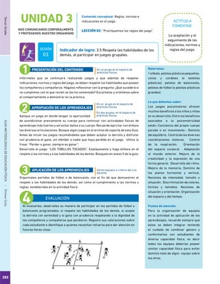 202
TercerGradoGUÍAMETODOLÓGICADEEDUCACIÓNFÍSICA - PrimerCiclo
UNIDAD 3
NOS COMUNICAMOS CORPORALMENTE
Y PROTEGEMOS NUESTRO ORGANISMO
EVALUACIÓN
ACTITUD A
FOMENTAR:
Indicador de logro: 3.5 Respeta las habilidades de los
demás, al participar en juegos grupales.
La aceptación y el
seguimiento de las
indicaciones, normas y
reglas del juego.
Infórmeles que se continuará realizando juegos y que además de respetar
indicaciones, normas y reglas del juego, se deben respetar las habilidades que poseen
los compañeros y compañeras. Hágalos reflexionar con la pregunta: ¿Qué sucederá si
no cumplimos con lo que recién se les ha comentado? Escúchelos y oriéntelos sobre
el comportamiento a demostrar en la práctica.
Aplique un juego en donde tengan la oportunidad
de acondicionar previamente su cuerpo para continuar con actividades físicas de
aprendizaje más fuertes y así evitar daños a su cuerpo. Recuerde ejercitar con énfasis
las diversas articulaciones. Busque algún juego en el archivo de soporte de esta Guía.
Antes de iniciar los juegos recomiéndeles que deben aceptar la derrota y disfrutar
con prudencia el gane, sin ofender a nadie que haya perdido en el juego. Utilice la
frase: “Perder o ganar, siempre es ganar”.
Desarrolle el juego: “LOS TOBILLOS TOCADOS”. Explíqueselos y haga énfasis en el
respeto a las normas y a las habilidades de los demás. Búsquelo en anexo 5 de la guía.
Organíceles partidos de fútbol o de baloncesto, con el fin de que demuestren el
respeto a las habilidades de los demás, así como el cumplimiento a las normas y
reglas establecidas en la actividad física.
En un grupo en el espacio de
prácticas físicas.
En un grupo en el espacio de
prácticas físicas.
En dos grupos, en el espacio de
prácticas físicas.
Varios equipos a criterio del o la
docente.
PRESENTACIÓN DEL CONTENIDO
APROPIACIÓN DE LOS APRENDIZAJES
APLICACIÓN DE LOS APRENDIZAJES
Al evaluarles, obsérveles su manera de participar en los partidos de fútbol o
baloncesto programados: si respeta las habilidades de los demás, si acepta
la derrota con serenidad y si gana con prudencia respetando a la dignidad de
los compañeros y compañeras que perdieron. Registre sus valoraciones sobre
cada estudiante e identifique a quienes necesitan refuerzo para dar atención en
futuras horas clase.
Materiales:
1 silbato, pelotas plásticas pequeñas,
conos y cordeles (o botellas
plásticas), pelotas de baloncesto,
pelotas de fútbol (o pelotas plásticas
grandes).
Lo que debemos saber:
Los juegos psicomotores ofrecen
muchos beneficios a los niños y niñas
en su desarrollo. Entre los beneficios
asociados a la psicomotricidad
están:-Conciencia del propio cuerpo
parado o en movimiento.- Dominio
del equilibrio. Control de las diversas
coordinaciones motoras. Control
de la respiración. Orientación
del espacio corporal. Adaptación
al mundo exterior. Mejora de la
creatividad y la expresión de una
forma general. Desarrollo del ritmo.
Mejora de la memoria. Dominio de
los planos horizontal y vertical.
Nociones de intensidad, tamaño y
situación. Discriminación de colores,
formas y tamaños. Nociones de
situación y orientación. Organización
del espacio y del tiempo.
Puntos de atención:
Para la organización de equipos
en la actividad de aplicación de los
aprendizajes, recuerde siempre que
éstos se deben integrar teniendo
el cuidado de combinar género y
conformarlos con estudiantes de
diversa capacidad física, es decir
todos los equipos deberían poseer
similar capacidad física para evitar
dominio total de algún equipo sobre
los otros.
Contenido conceptual: Reglas, normas e
indicaciones en el juego.
LECCIÓN 02: “Practiquemos las reglas del juego”.
SESIÓN
03
 