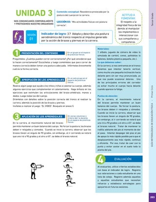 TercerGradoGUÍAMETODOLÓGICADEEDUCACIÓNFÍSICA - PrimerCiclo
203
UNIDAD 3
NOS COMUNICAMOS CORPORALMENTE
Y PROTEGEMOS NUESTRO ORGANISMO
EVALUACIÓN
ACTITUD A
FOMENTAR:
Indicador de logro: 3.7 Adopta y describe una postura
aerodinámica del tronco respecto al impulso generado
por la acción de brazos y piernas en la carrera.
El respeto a la
integridad física de los
demás al manipular
los implementos e
interaccionar con
sus compañeros y
compañeras.
Pregúnteles: ¿Cuántos pueden correr correctamente? ¿Por qué consideran que
lo hacen correctamente? Escúchelos y luego coménteles que para correr de
manera correcta deben tomar una postura adecuada. Infórmeles brevemente
cuál es la forma correcta.
Realice algún juego que ayude a los niños y niñas a calentar su cuerpo, además
algunos ejercicios que complementen el calentamiento. Haga énfasis en los
ejercicios que estimulen las articulaciones del brazo-antebrazo, manos y
dedos. Luego todas las del cuerpo.
Oriéntelos con detalles sobre la posición correcta del tronco al realizar la
carrera, además la posición de los brazos y piernas.
Invíteles a realizar el juego: “EL VIDEO”. Búsquelo en anexo 5.
En la carrera, el movimiento natural del braceo
permite mantener un buen balance del cuerpo. No forzar la postura, los brazos
deben ir relajados y cómodos. Cuando se inicie la carrera, observar que los
brazos lleven un ángulo de 90 grados, sin embargo, al ir corriendo se notará
que uno irá a 90 grados y el otro a 45°, se debe al braceo natural.
En un grupo en el espacio
de prácticas físicas.
En un solo grupo en el
espacio de prácticas
físicas.
En varias columnas a
criterio del/ la docente.
En el espacio de prácticas
físicas.
PRESENTACIÓN DEL CONTENIDO
APROPIACIÓN DE LOS APRENDIZAJES
APLICACIÓN DE LOS APRENDIZAJES
Materiales:
1 silbato, juguete de cámara de video (o
simulada de cartón), conos, pañoletas (o
batones, botella plástica pequeña, etc.).
Lo que debemos saber:
En la carrera, si nos centramos en el tronco
tenemos que intentar tenerlo vertical,
como mucho una pequeña inclinación hacia
delante pero sin ser muy pronunciada, ya
que nos puede ocasionar dolores. Uno
de los principales errores del corredor
es echar mucho el cuerpo hacia delante
cuando aparece la fatiga.
Puntos de atención:
En la carrera, el movimiento natural
del braceo permite mantener un buen
balance del cuerpo. No forzar la postura,
los brazos deben ir relajados y cómodos.
Cuando se inicie la carrera, observar que
los brazos lleven un ángulo de 90 grados,
sin embargo, al ir corriendo se notará que
uno irá a 90 grados y el otro a 45°, se debe
al braceo natural. Tratar de mantener la
rodilla adelante del pie al momento de dar
el paso. Intentar despegar del piso el pie
de apoyo lo más rápido posible para que el
desplazamiento sea más rápido, continuo
y eficiente. Por eso, tratar de caer con la
punta y evitar azotar en el suelo toda la
planta del pie.
Contenido conceptual: Resistencia provocada por la
postura del cuerpo en la carrera.
LECCIÓN 03: “Mis actividades físicas con postura
correcta”.	
Al evaluarles, utilice criterios establecidos
con base al indicador de logro. Registre
sus valoraciones a cada estudiante en una
lista de cotejo. Registre además aquellos
y aquellas estudiantes que necesitan
refuerzo y establezca estrategias para
apoyarlos en futuras sesiones.
SESIÓN
01
 