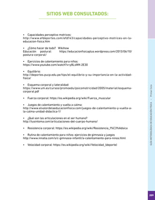 GUÍAMETODOLÓGICADEEDUCACIÓNFÍSICA - PrimerCiclo
209
•	 Capacidades perceptivo motrices:
http://www.efdeportes.com/efd143/capacidades-perceptivo-motrices-en-la-
educacion-fisica.htm
•	 ¿Cómo hacer de todo? Wikihow
Educación postural: https://educacionfisicaplus.wordpress.com/2013/06/10/
postura-corporal/
•	 Ejercicios de calentamiento para niños:
https://www.youtube.com/watch?v=y8LsWK-2E30
•	 Equilibrio:
http://deportes.pucp.edu.pe/tips/el-equilibrio-y-su-importancia-en-la-actividad-
fisica/
•	 Esquema corporal y lateralidad:
https://www.um.es/cursos/promoedu/psicomotricidad/2005/material/esquema-
corporal.pdf
•	 Fuerza corporal: https://es.wikipedia.org/wiki/Fuerza_muscular
•	 Juegos de calentamiento y vuelta a calma:
http://www.elvalordelaeducacionfisica.com/juegos-de-calentamiento-y-vuelta-a-
la-calma-unidad-didactica-1/
•	 ¿Qué son las articulaciones en el ser humano?
http://tusintoma.com/articulaciones-del-cuerpo-humano/
•	 Resistencia corporal: https://es.wikipedia.org/wiki/Resistencia_f%C3%Adsica
•	 Rutina de calentamiento para niños: ejercicios de gimnasia y juegos
http://www.innatia.com/s/c-gimnasia-infantil/a-calentamiento-para-ninos.html
•	 Velocidad corporal: https://es.wikipedia.org/wiki/Velocidad_(deporte)
SITIOS WEB CONSULTADOS:
 
