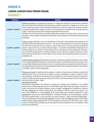 GUÍAMETODOLÓGICADEEDUCACIÓNFÍSICA - PrimerCiclo
215
ANEXO 3:
JUEGOS LÚDICOS PARA PRIMER GRADO.
UNIDAD 1
VINCULO JUEGOS
Lección 1, sesión 2
Pañuelo de colores: Se organizan dos grupos, en cada grupo cada niño y niña tendrá un pañuelo
del mismo color, pero diferente al del otro grupo y deberán colocárselo colgado en la cintura. Los
niños y niñas de un grupo, trataran de quitar el pañuelo a los del otro grupo. A los quienes le quitan
su pañuelo quedan fuera y pasan a animar a los compañeros y compañeras de su grupo que aun
juegan. Gana el grupo que al final, tenga más pañuelos del otro grupo.
Variante: Con el fin de promover el trabajo cooperativo y evitar que existan niños y niñas fuera de
actividad, al que le quitan el pañuelo se le devuelve y cada equipo va sumando las veces que quita
el pañuelo.
Lección 1, sesión 3.
Te toco…te sigo. Organizar a los y las estudiantes en dos filas, cada estudiante hace pareja con el
estudiante que tiene enfrente de la otra fila. Los de una fila presentan una mano al de su pareja
de la otra fila sin permitir que se la toque, si este le logra tocar la mano lo persigue tratando de
tocarle alguna parte de su cuerpo antes de llegar a una señal preestablecida. Después de un
tiempo prudencial, se cambia el rol de cada fila. Gana la fila que toca más compañeros. Variación:
El o la docente puede aplicar un estímulo auditivo, visual, o táctil en cualquier momento y pronto
toda la fila que intenta tocar la mano sigue a la otra fila para tocarle alguna parte del cuerpo de su
compañero (a)
Lección 2, sesión 1
Ladrón librado en parejas Se organizan dos grupos. Un grupo en parejas tomados de la mano sigue
a las parejas también tomados de la mano, del otro grupo tratando de tocarlas. Al tocarlas, van a
un lugar preestablecido que simboliza la cárcel. Las parejas de los perseguidos trataran de tocar a
sus compañeros para librarlos. Y los perseguidores deben colocar parejas cuidando la cárcel. Dado
un tiempo, cambiar roles de cada grupo.
Lección 3, sesión 1
Pelota por el túnel Se organiza varios grupos en columna. Cada columna traslada una pelota de
adelante hacia atrás, por arriba de la cabeza, el ultimo estudiante al recibir la pelota la envía
hacia adelante, en medio de las piernas de sus compañeros y corre hacia el inicio de la columna a
recibirla, luego la pasa de nuevo por arriba y hacia atrás; y así sucesivamente. Gana la columna que
termina primero en pasar todos.
Ejemplo de historieta:
Estimados/as estudiantes, hoy haremos un paseo por el bosque, pero debemos ir con cuidado
porque hay animales peligrosos allí, por lo tanto deben hacer todo lo que yo les diga. Iniciemos el
paseo, caminemos con cuidado y despacio, cada uno debe ir al lado de sus compañeros; tratemos
de pasar debajo de las ramas de aquel árbol, hoy debemos caminar un poco más rápido, y en
este camino debemos ir al lado derecho de él, ahora desde este momento pasémonos al lado
izquierdo del camino, pero trotando despacito. iiCuidado!! Calladitos corramos despacio, porque
allá están aquellos tigres, si nos escuchan nos comen, pssssss… mejor caminemos hacia atrás…
ahora regresémonos caminando hacia adelante sin hacer ruido. Allá adelante está una rama caída,
podemos pasar arriba o abajo de ella, ya vamos llegando, estamos cerca de la meta…pero, miren
arriba, en el árbol hay una culebra que se nos quiere tirar para mordernos, iii corran rápido!!! I Qué
bueno que ya llegamos!
 