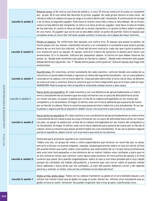 216
GUÍAMETODOLÓGICADEEDUCACIÓNFÍSICA - PrimerCiclo
Lección 3, sesión 2
Relevos locos: a) Se marca una línea de salida y, a unos 10 mts.se coloca en el suelo un recipiente
por grupo. B) A una señal del docente el primer jugador de cada grupo llevara la lata vacía de
refresco sobre la cabeza sin que se caiga y la coloca dentro del recipiente. A continuación la recoge
y se la lleva al segundo jugador. Este hace el mismo recorrido y lleva la lata debajo de su brazo,
coloca la lata dentro del recipiente, la retira y la lleva al tercer jugador; este lleva la lata en medio
de las piernas; el cuarto la lleva al lado de su brazo izquierdo y, el quinto la lleva sobre la palma
de una mano. Al jugador que se le cae la lata debe volver al punto de partida. Gana el equipo que
completa antes el recorrido. Variante: puede sustituir la lata por otro objeto de mejor dominio.
Lección 3, sesión 3.
Pelota al espacio. Se conforman dos equipos uno contra otro. El equipo que posee la pelota, se
harán pases con las manos, intentando lanzarla a un compañero o compañera que estará parado
dentro de un aro hula (sin salirse), al final del terreno contrario; cada vez que cacha la pelota es
una anotación para su equipo. El equipo contrario tratará de quitarles la pelota para hacer sus
anotaciones. El o la docente, indicará por pequeños lapsos, la forma en que deben hacerse los
pases: ej.:“desde este momento solo pases arriba de la cabeza”, “desde este momento solo pases
debajo del brazo izquierdo”, etc. Y “desde ahora pases como quieran”. Gana el equipo que haga más
anotaciones.
Lección 4, sesión 1
Equilibristas. En columnas, primer estudiante de cada columna caminan desde una salida de su
columna a un punto determinado y regresan al relevo del siguiente estudiante, con un vaso plástico
colocado en la cabeza, o en la mano abierta, (vaso parado sobre ella), si se le cae el vaso, se detiene,
se coloca el vaso y continua. Gana la columna que no tiene integrantes que se le haya caído el vaso.
VARIACIÓN: Podría exigirse más el equilibrio utilizando ambas manos y dos vasos.
Lección 4, sesión 2
Hacia atrás con equilibrio. En cada columna y con una distancia de aproximadamente un metro
entre c/estudiante de tal manera que les exija inclinarse con un poco de dificultad hacia atrás
sin mover los pies, se pasan la pelota por arriba de la cabeza entregándola en las manos del
compañero y no lanzándola. Al llegar al último, este corre hacia adelante para pasarla de nuevo
por arriba de la cabeza. Gana la columna que pasan primero todos los y las estudiantes. Si se cae
la pelota o alguno pierde el equilibrio, deben iniciar con el primero que está en la columna.
Lección 4, sesión 2
Hacia atrás con equilibrio. En cada columna y con una distancia de aproximadamente un metro entre
c/estudiante de tal manera que les exija inclinarse con un poco de dificultad hacia atrás sin mover
los pies, se pasan la pelota por arriba de la cabeza entregándola en las manos del compañero y
no lanzándola. Al llegar al último, este corre hacia adelante para pasarla de nuevo por arriba de la
cabeza. Gana la columna que pasan primero todos los y las estudiantes. Si se cae la pelota o alguno
pierde el equilibrio, deben iniciar con el primero que está en la columna.
Lección 4, sesión 3.
Historieta para promover equilibrio en movimiento.
“Había una vez, un grupo de niñas y niños exploradores que hicieron un recorrido por la selva,
entraron a ella por un puente colgante…laaargo, laaaaargo(caminan sobre un lazo sin verlo), al final
del puente tenían que saltar sobre unas piedras que sobresalían de un rio que tenía pirañas(unos
seis aros hula hula pequeños a una distancia de un metro), habían unos caníbales y para que no
se los comieran tenían que caminar como tigres cojos,(avanzar en tres puntos de apoyo) y al final
tuvieron que pasar otro puente colgante(pasar sobre el lazo o una línea pintada) pero muy rápido
porque los caníbales los habían descubierto, y tuvieron que casi correr sobre el puente, viendo
hacia adelante y hacia atrás por los caníbales…al salir del puente debieron correr y de repente
pararse y simular un árbol, solo así los caníbales no los descubrieron”.
Lección 5, sesión 1
Globo arriba, globo abajo. Todos con su cabeza mantienen su globo en el aire dándole toques y sin
utilizar las manos tratan que el globo no caiga al suelo. Ganan los últimos cinco estudiante que su
globo no toca el suelo. Variación: Se pueden organizar dos o tres grupos, clasificando cinco.
 