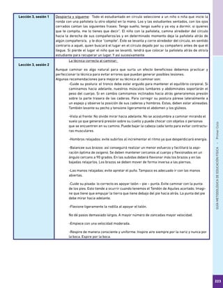 GUÍAMETODOLÓGICADEEDUCACIÓNFÍSICA - PrimerCiclo
223
Lección 3, sesión 1 Despierta y sígueme: Todo el estudiantado en círculo seleccione a un niño o niña que inicie la
ronda con una pañoleta (u otro objeto) en la mano. Los y las estudiantes sentados, con los ojos
cerrados cantan las siguientes frases: Tengo sueño, tengo sueño y ya voy a dormir, si quieres
que te compita, me lo tienes que decir”. El niño con la pañoleta, camina alrededor del círculo
hacia la derecha de sus compañeros/as y en determinado momento deja la pañoleta atrás de
algún compañero/a, y le dice “compite”. Éste se levanta y corre alrededor del círculo, en sentido
contrario a aquél, quien buscará el lugar en el círculo dejado por su compañero antes de que él
llegue. Si pierde el lugar el niño que se levantó, tendrá que colocar la pañoleta atrás de otro/a
estudiante para recuperar un lugar. Y así sucesivamente
Lección 3, sesión 2
La técnica correcta al caminar:
Aunque caminar es algo natural para que surta un efecto beneficioso debemos practicar y
perfeccionar la técnica para evitar errores que puedan generar posibles lesiones.
Algunas recomendaciones para mejorar su técnica al caminar son:
-Cuide su postura: el tronco debe estar erguido para mantener el equilibrio corporal. Si
caminamos hacia adelante, nuestros músculos lumbares y abdominales soportarán el
peso del cuerpo. Si en cambio caminamos inclinados hacia atrás generaremos presión
sobre la parte trasera de las caderas. Para corregir su postura párese lateralmente a
un espejo y observe la posición de sus caderas y hombros. Estas, deben estar alineadas.
También levante su pecho y tensione ligeramente el abdomen y los glúteos.
-Vista al frente: No olvide mirar hacia adelante. No se acostumbre a caminar mirando el
suelo ya que generará presión sobre su cuello y puede chocar con objetos o personas
que se encuentren en su camino. Puede bajar la cabeza cada tanto para evitar contractu-
ras musculares.
-Hombros relajados: evite subirlos al incrementar el ritmo ya que desperdiciará energía.
-Balancee sus brazos: así conseguirá realizar un menor esfuerzo y facilitará la aspi-
ración óptima de oxígeno. Se deben mantener cercanos al cuerpo y flexionados en un
ángulo cercano a 90 grados. En las subidas deberá flexionar más los brazos y en las
bajadas relajarlos. Los brazos se deben mover de forma inversa a las piernas.
-Las manos relajadas: evite apretar el puño. Tampoco es adecuado ir con las manos
abiertas.
-Cuide su pisada: lo correcto es apoyar talón – pie – punta. Evite caminar con la punta
de los pies. Esto tiende a ocurrir cuando tenemos el Tendón de Aquiles acortado. Imagi-
ne que tiene que empujar la tierra que tiene debajo del pie hacia atrás. La punta del pie
debe mirar hacia adelante.
-Flexione ligeramente la rodilla al apoyar el talón.
No dé pasos demasiado largos. A mayor número de zancadas mayor velocidad.
-Empiece con una velocidad moderada.
-Respire de manera consciente y uniforme. Inspire aire siempre por la nariz y nunca por
la boca. Espire por la boca.
 
