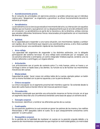 GUÍAMETODOLÓGICADEEDUCACIÓNFÍSICA - PrimerCiclo
233
GLOSARIO:
•	 Acondicionamiento previo.
Es el conjunto de actividades y/o ejercicios previos a grandes esfuerzos que el individuo
realiza para “desperezar” su organismo y garantizar su eficaz funcionamiento durante el
esfuerzo principal.
•	 Aerodinámica.
La aerodinámica es la ciencia que estudia el movimiento del aire y su interacción con aquellos
objetos que se mueven y que generan con su desplazamiento que el aire del ambiente entre
en circulación. La aerodinámica es parte de la mecánica y de la dinámica, ambas ciencias
que estudian diferentes fenómenos físicos relacionados principalmente con el movimiento
de diversos objetos.
•	 Agilidad.
Es la capacidad para responder a una nueva situación, con movimientos rápidos y cambiar
con rapidez, de un movimiento que requiere una coordinación precisa, a otro. Esta cualidad
se caracteriza por una coordinación rápida de los movimientos.
•	 Arco-reflejo.
“La capacidad del organismo de responder a los distintos estímulos, con la obligada
participación del sistema nervioso”. El arco reflejo está constituido por un receptor, una
vía sensitiva (aferente o centrípeta), un centro integrador (médula espinal, cerebro), una vía
motora (eferente o centrífuga) y un órgano efector.
•	 Articulación.
Las articulaciones son el punto de contacto entre 2 o más huesos, entre un hueso y un
cartílago o entre un tejido óseo y los dientes. Su función es la de facilitar los movimientos
mecánicos del cuerpo.
•	 Bilateralidad.
Capacidad de poder hacer cosas con ambos lados de tu cuerpo, ejemplo patear un balón
con la misma facilidad con la pierna izquierda y con la pierna derecha.
•	 Cintura escapular.
La cintura escapular es el segmento proximal del miembro superior. Se extiende desde la
base del cuello hasta el borde inferior del músculo pectoral mayor.
•	 Circunducción.
Movimiento combinado que permite una articulación moverse en forma circular, en el que
un segmento describe una circunferencia teniendo como base de apoyo un extremo de él.
•	 Concepto corporal.
Es reconocer, identificar y nombrar las diferentes partes de su cuerpo.
•	 Cuadrupedia.
Es una posición anatómica la cual consiste en poner las palmas de las manos y las rodillas
(flexionadas a 90º) apoyadas sobre el suelo. Es la que coloquialmente conocemos como
posición “a cuatro patas”.
•	 Desequilibro corporal.
Es la pérdida de la habilidad de mantener el cuerpo en la posición erguida debido a la
ausencia de movimientos compensatorios que implican la motricidad global y la motricidad
 