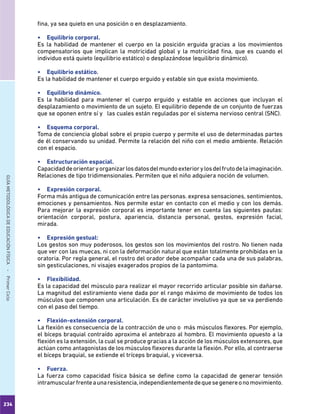 234
GUÍAMETODOLÓGICADEEDUCACIÓNFÍSICA - PrimerCiclo
fina, ya sea quieto en una posición o en desplazamiento.
•	 Equilibrio corporal.
Es la habilidad de mantener el cuerpo en la posición erguida gracias a los movimientos
compensatorios que implican la motricidad global y la motricidad fina, que es cuando el
individuo está quieto (equilibrio estático) o desplazándose (equilibrio dinámico).
•	 Equilibrio estático.
Es la habilidad de mantener el cuerpo erguido y estable sin que exista movimiento.
•	 Equilibrio dinámico.
Es la habilidad para mantener el cuerpo erguido y estable en acciones que incluyan el
desplazamiento o movimiento de un sujeto. El equilibrio depende de un conjunto de fuerzas
que se oponen entre sí y las cuales están reguladas por el sistema nervioso central (SNC).
•	 Esquema corporal.
Toma de conciencia global sobre el propio cuerpo y permite el uso de determinadas partes
de él conservando su unidad. Permite la relación del niño con el medio ambiente. Relación
con el espacio.
•	 Estructuración espacial.
Capacidaddeorientaryorganizarlosdatosdelmundoexteriorylosdelfrutodelaimaginación.
Relaciones de tipo tridimensionales. Permiten que el niño adquiera noción de volumen.
•	 Expresión corporal.
Forma más antigua de comunicación entre las personas. expresa sensaciones, sentimientos,
emociones y pensamientos. Nos permite estar en contacto con el medio y con los demás.
Para mejorar la expresión corporal es importante tener en cuenta las siguientes pautas:
orientación corporal, postura, apariencia, distancia personal, gestos, expresión facial,
mirada.
•	 Expresión gestual:
Los gestos son muy poderosos, los gestos son los movimientos del rostro. No tienen nada
que ver con las muecas, ni con la deformación natural que están totalmente prohibidas en la
oratoria. Por regla general, el rostro del orador debe acompañar cada una de sus palabras,
sin gesticulaciones, ni visajes exagerados propios de la pantomima.
•	 Flexibilidad.
Es la capacidad del músculo para realizar el mayor recorrido articular posible sin dañarse.
La magnitud del estiramiento viene dada por el rango máximo de movimiento de todos los
músculos que componen una articulación. Es de carácter involutivo ya que se va perdiendo
con el paso del tiempo.
•	 Flexión-extensión corporal.
La flexión es consecuencia de la contracción de uno o más músculos flexores. Por ejemplo,
el bíceps braquial contraído aproxima el antebrazo al hombro. El movimiento opuesto a la
flexión es la extensión, la cual se produce gracias a la acción de los músculos extensores, que
actúan como antagonistas de los músculos flexores durante la flexión. Por ello, al contraerse
el bíceps braquial, se extiende el tríceps braquial, y viceversa.
•	 Fuerza.
La fuerza como capacidad física básica se define como la capacidad de generar tensión
intramuscularfrenteaunaresistencia,independientementedequesegenereonomovimiento.
 