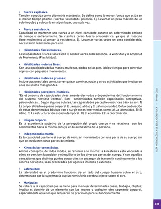 GUÍAMETODOLÓGICADEEDUCACIÓNFÍSICA - PrimerCiclo
235
•	 Fuerza explosiva.
También conocida como pliometria o potencia. Se define como la mayor fuerza que actúa en
el menor tiempo posible. Fuerza+ velocidad= potencia. Ej. Levantar un peso máximo de un
solo impulso y colocarlo en algun lugar, una sola vez.
•	 Fuerza resistencia.
Capacidad de mantener una fuerza a un nivel constante durante un determinado periodo
de tiempo o entrenamiento. Se clasifica como fuerza anisométrica, ya que el músculo
tiene movimiento al vencer la resistencia. Ej. Levantar varias veces un peso considerable,
necesitando resistencia para ello.
•	 Habilidades físicas básicas.
Las Capacidades Físicas Básicas (CFB) son la Fuerza, la Resistencia, la Velocidad y la Amplitud
de Movimiento (Flexibilidad).
•	 Habilidades motoras finas:
Son las capacidades de las manos, muñecas, dedos de los pies, labios y lengua para controlar
objetos con pequeños movimientos.
•	 Habilidades motrices gruesas:
Incluye acciones tales como, correr gatear caminar, nadar y otras actividades que involucran
a los músculos más grandes.
•	 Habilidades perceptivo-motrices.
“Es el conjunto de capacidades directamente derivadas y dependientes del funcionamiento
del sistema nervioso central”. Son denominadas también capacidades perceptivas,
psicomotrices… Según algunos autores, las capacidades perceptivo-motrices básicas son: 1)
Lacorporalidadoesquemacorporal2)Laespacialidady3)Latemporalidad.Delacombinación
de estas denominadas básicas van a surgir otras intermedias como: a) La lateralidad. B) El
ritmo. C) La estructuración espacio-temporal. D) El equilibrio. E) La coordinación.
•	 Imagen corporal.
Es la experiencia subjetiva de la percepción del propio cuerpo y se relaciona con los
sentimientos hacia sí mismo. Influye en la autoestima de la persona.
•	 Independencia motriz.
Es la capacidad que tiene el cuerpo de realizar movimientos con una parte de su cuerpo sin
que se involucren otras partes del mismo.
•	 Kinestésico–cenestésico.
Ambos conceptos, de todos modos, se refieren a lo mismo: la kinestésica está vinculada a
cómo se perciben la posición y el equilibrio de las diversas partes del cuerpo. Y son aquellas
sensaciones que distintos puntos corporales se encargan de transmitir continuamente a los
centros nerviosos, sean provocadas por agentes internos o externos.
•	 Lateralidad.
La lateralidad es el predominio funcional de un lado del cuerpo humano sobre el otro,
determinado por la supremacía que un hemisferio cerebral ejerce sobre el otro.
•	 Manipular.
Se refiere a la capacidad que se tiene para manejar determinadas cosas, trabajos, objetos;
implica el dominio de un elemento con las manos o cualquier otro segmento corporal,
especialmente aquellos que requieren de precisión para su funcionamiento.
 
