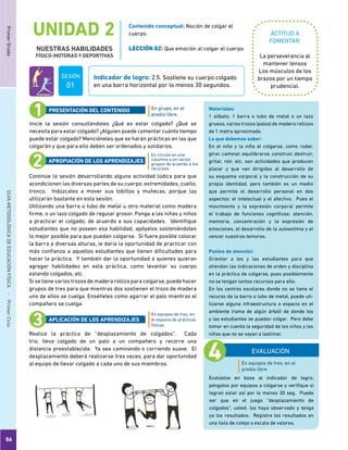 PrimerGradoGUÍAMETODOLÓGICADEEDUCACIÓNFÍSICA - PrimerCiclo
UNIDAD 2
NUESTRAS HABILIDADES
FÍSICO-MOTORAS Y DEPORTIVAS
56
ACTITUD A
FOMENTAR:
Indicador de logro: 2.5. Sostiene su cuerpo colgado
en una barra horizontal por lo menos 30 segundos.
Contenido conceptual: Noción de colgar el
cuerpo.
LECCIÓN 02: Que emoción al colgar el cuerpo.
La perseverancia al
mantener tensos
Los músculos de los
brazos por un tiempo
prudencial.
Inicie la sesión consultándoles ¿Qué es estar colgado? ¿Qué se
necesita para estar colgado? ¿Alguien puede comentar cuánto tiempo
puede estar colgado? Mencióneles que se harán prácticas en las que
colgarán y que para ello deben ser ordenados y solidarios.
Continúe la sesión desarrollando alguna actividad lúdica para que
acondicionen las diversas partes de su cuerpo: extremidades, cuello,
tronco. Indúzcales a mover sus tobillos y muñecas, porque las
utilizarán bastante en esta sesión.
Utilizando una barra o tubo de metal u otro material como madera
firme, o un lazo colgado de regular grosor. Ponga a las niñas y niños
a practicar el colgado, de acuerdo a sus capacidades. Identifique
estudiantes que no poseen esa habilidad, apóyelos sosteniéndoles
lo mejor posible para que puedan colgarse. Si fuere posible colocar
la barra a diversas alturas, le daría la oportunidad de practicar con
más confianza a aquellos estudiantes que tienen dificultades para
hacer la práctica. Y también dar la oportunidad a quienes quieran
agregar habilidades en esta práctica, como levantar su cuerpo
estando colgados, etc.
Si se tiene varios trozos de madera rolliza para colgarse, puede hacer
grupos de tres para que mientras dos sostienen el trozo de madera
uno de ellos se cuelga. Enséñeles como agarrar el palo mientras el
compañero se cuelga.
Realice la práctica de “desplazamiento de colgados”. Cada
trio, lleva colgado de un palo a un compañero y recorre una
distancia preestablecida. Ya sea caminando o corriendo suave. El
desplazamiento deberá realizarse tres veces, para dar oportunidad
al equipo de llevar colgado a cada uno de sus miembros.
En grupo, en el
predio libre.
En círculo en una
columna o en varios
grupos de acuerdo a los
recursos.
En equipos de tres, en
el espacio de prácticas
físicas.
PRESENTACIÓN DEL CONTENIDO
APROPIACIÓN DE LOS APRENDIZAJES
APLICACIÓN DE LOS APRENDIZAJES
EVALUACIÓN
Evalúelos en base al indicador de logro,
póngalos por equipos a colgarse y verifique si
logran estar así por lo menos 30 seg. Puede
ser que en el juego “desplazamiento de
colgados”, usted. los haya observado y tenga
ya los resultados. Registre los resultados en
una lista de cotejo o escala de valores.
Materiales:
1 silbato, 1 barra o tubo de metal o un lazo
grueso, varios trozos (palos) de madera rollizos
de 1 metro aproximado.
Lo que debemos saber:
En el niño y la niña el colgarse, como rodar,
girar, caminar, equilibrarse, construir, destruir,
gritar, reír, etc. son actividades que producen
placer y que van dirigidas al desarrollo de
su esquema corporal y la construcción de su
propia identidad, pero también es un medio
que permite el desarrollo personal en dos
aspectos: el intelectual y el afectivo. Pues el
movimiento y la expresión corporal permite
el trabajo de funciones cognitivas: atención,
memoria, concentración y la expresión de
emociones, el desarrollo de la autoestima y el
vencer nuestros temores.
Puntos de atención:
Orientar a los y las estudiantes para que
atiendan las indicaciones de orden y disciplina
en la práctica de colgarse, pues posiblemente
no se tengan tantos recursos para ello.
En los centros escolares donde no se tiene el
recurso de la barra o tubo de metal, puede uti-
lizarse alguna infraestructura o espacio en el
ambiente (rama de algún árbol) de donde los
y las estudiantes se puedan colgar. Pero debe
tomar en cuenta la seguridad de los niños y las
niñas que no se vayan a lastimar.
En equipos de tres, en el
predio libre.
SESIÓN
01
 