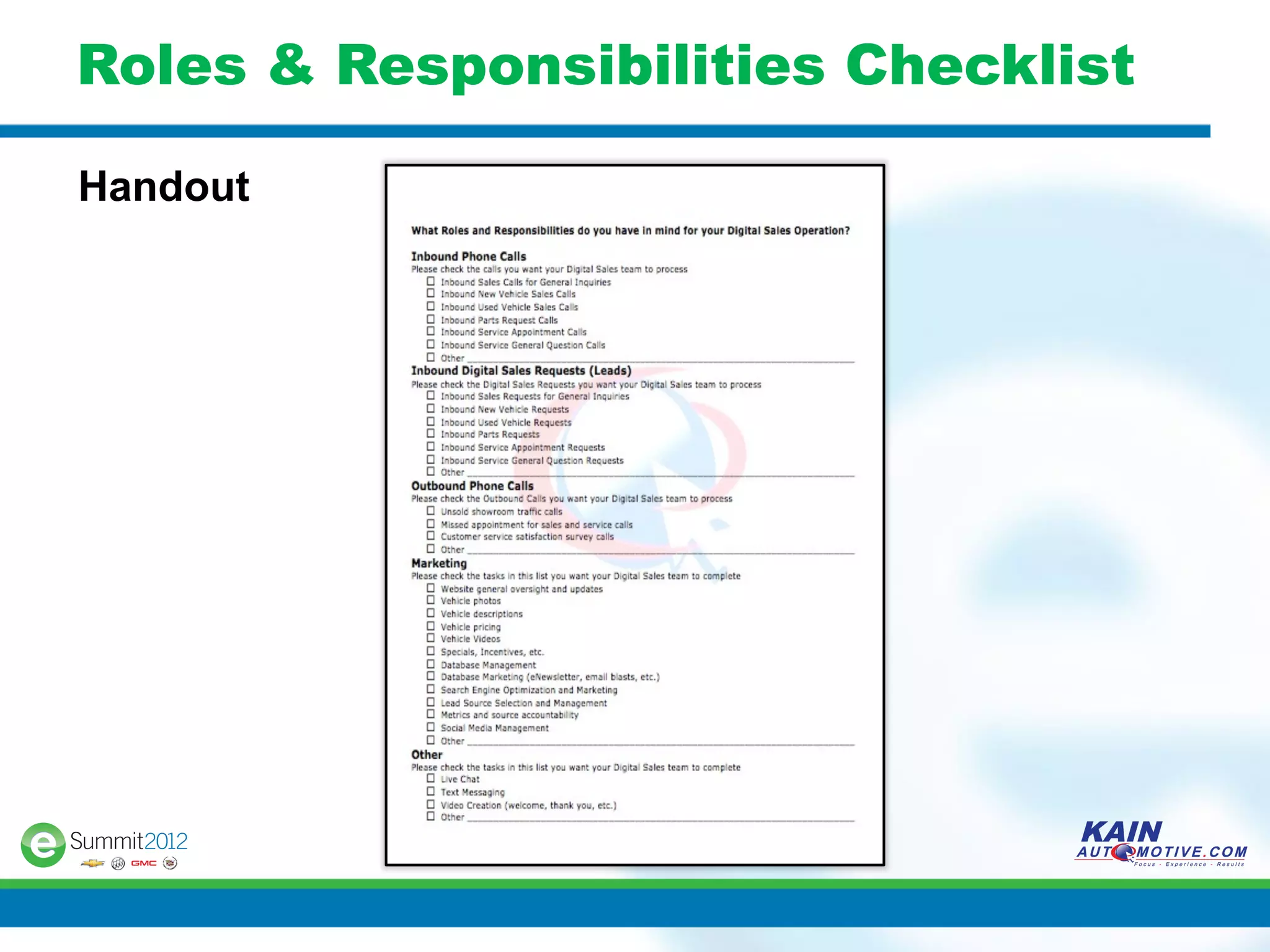 Roles & Responsibilities Checklist

Handout
 