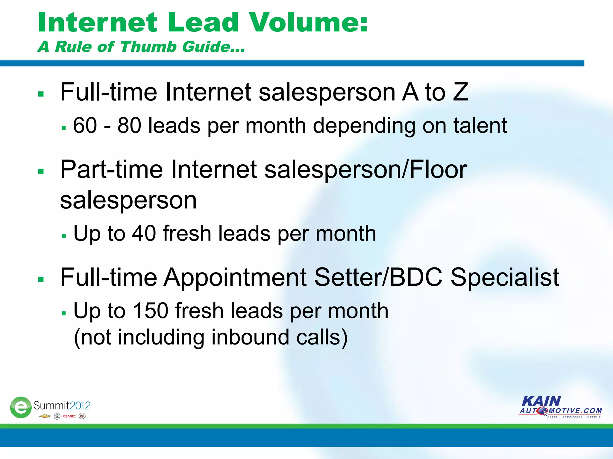 Internet Lead Volume:
A Rule of Thumb Guide…


§    Full-time Internet salesperson A to Z
      §    60 - 80 leads per month depending on talent

§    Part-time Internet salesperson/Floor
      salesperson
      §    Up to 40 fresh leads per month

§    Full-time Appointment Setter/BDC Specialist
      §    Up to 150 fresh leads per month
            (not including inbound calls)
 