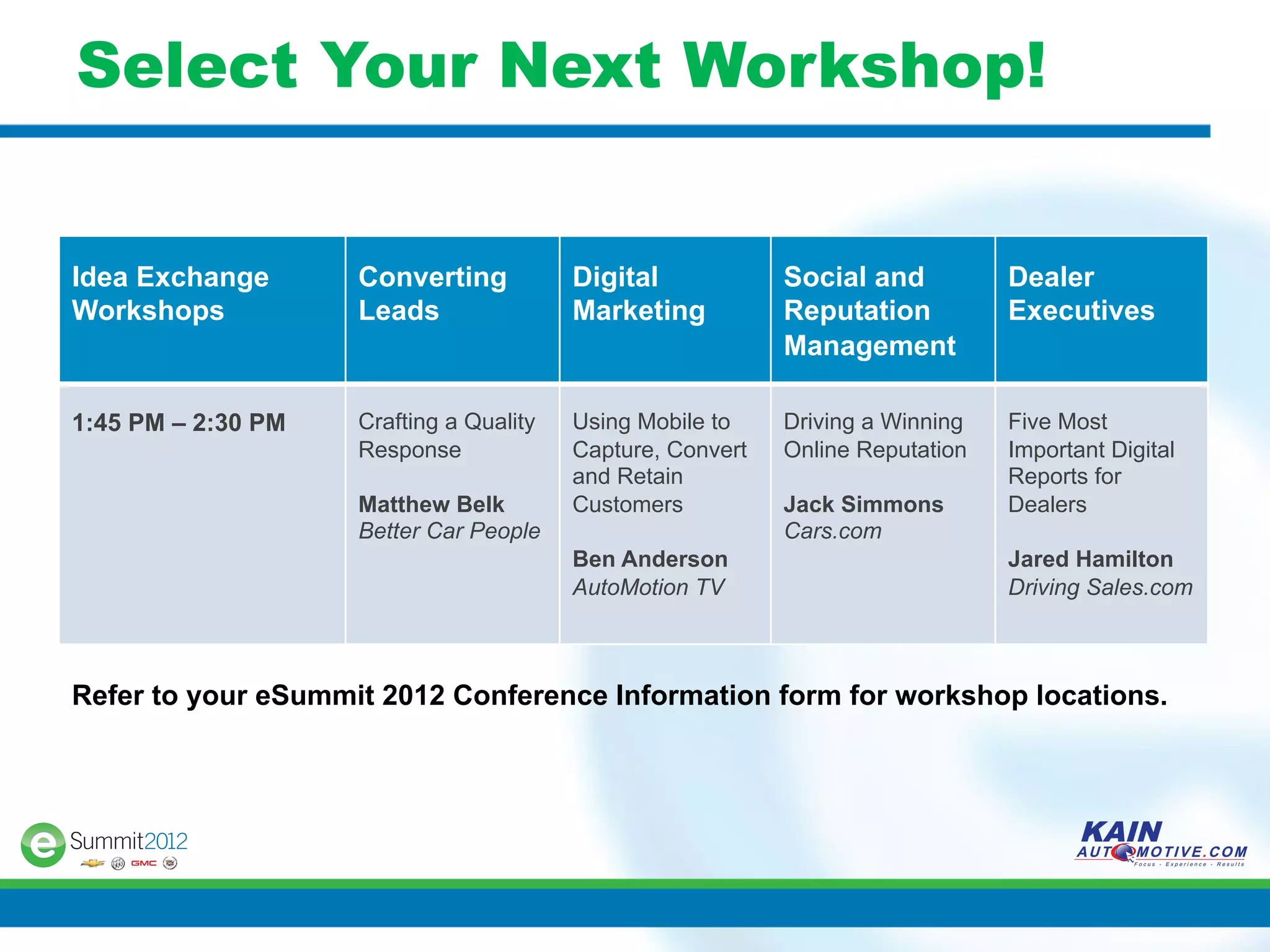 Select Your Next Workshop!


Idea Exchange       Converting           Digital            Social and          Dealer
Workshops           Leads                Marketing          Reputation          Executives
                                                            Management

1:45 PM – 2:30 PM   Crafting a Quality   Using Mobile to    Driving a Winning   Five Most
                    Response             Capture, Convert   Online Reputation   Important Digital
                                         and Retain                             Reports for
                    Matthew Belk         Customers          Jack Simmons        Dealers
                    Better Car People                       Cars.com
                                         Ben Anderson                           Jared Hamilton
                                         AutoMotion TV                          Driving Sales.com



Refer to your eSummit 2012 Conference Information form for workshop locations.
 