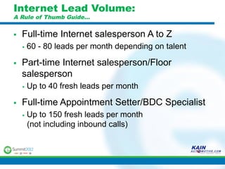 Internet Lead Volume:
A Rule of Thumb Guide…


§    Full-time Internet salesperson A to Z
      §    60 - 80 leads per month depending on talent

§    Part-time Internet salesperson/Floor
      salesperson
      §    Up to 40 fresh leads per month

§    Full-time Appointment Setter/BDC Specialist
      §    Up to 150 fresh leads per month
            (not including inbound calls)
 