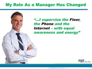My Role As a Manager Has Changed


           “…I supervise the Floor,
           the Phone and the
           Internet – with equal
           awareness and energy”
 