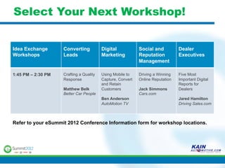 Select Your Next Workshop!


Idea Exchange       Converting           Digital            Social and          Dealer
Workshops           Leads                Marketing          Reputation          Executives
                                                            Management

1:45 PM – 2:30 PM   Crafting a Quality   Using Mobile to    Driving a Winning   Five Most
                    Response             Capture, Convert   Online Reputation   Important Digital
                                         and Retain                             Reports for
                    Matthew Belk         Customers          Jack Simmons        Dealers
                    Better Car People                       Cars.com
                                         Ben Anderson                           Jared Hamilton
                                         AutoMotion TV                          Driving Sales.com



Refer to your eSummit 2012 Conference Information form for workshop locations.
 
