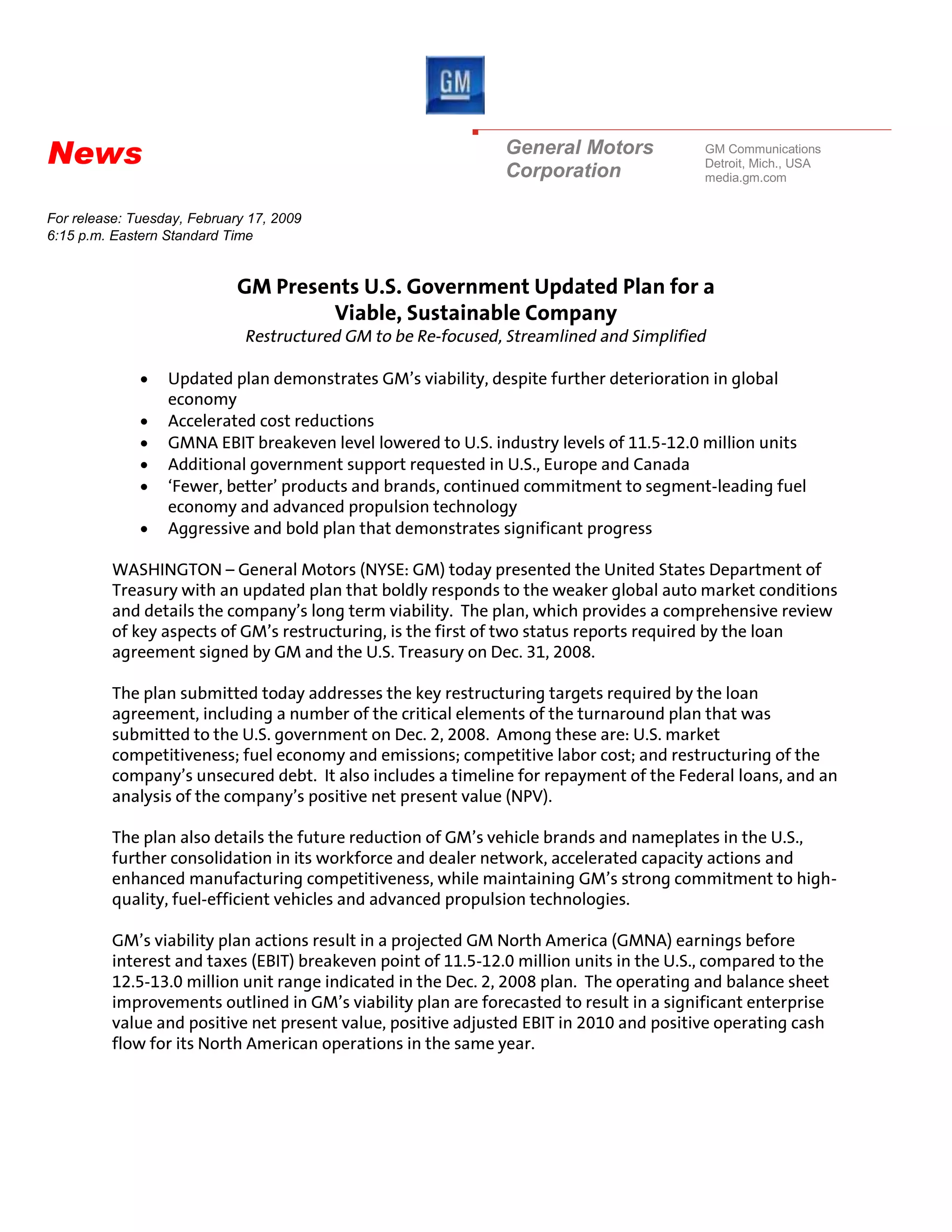 Gm Events & Presentations Gm Restructuring Plan Submitted To U.S. Department Of The Treasury