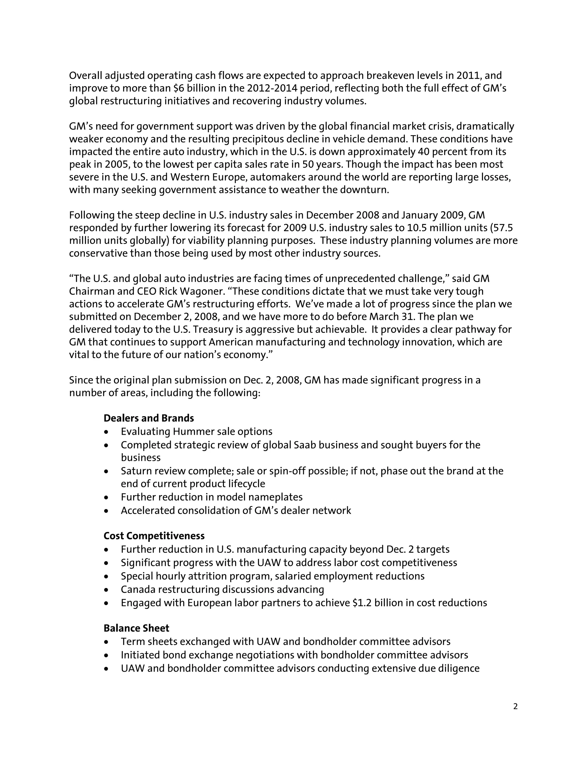 Gm Events & Presentations Gm Restructuring Plan Submitted To U.S. Department Of The Treasury